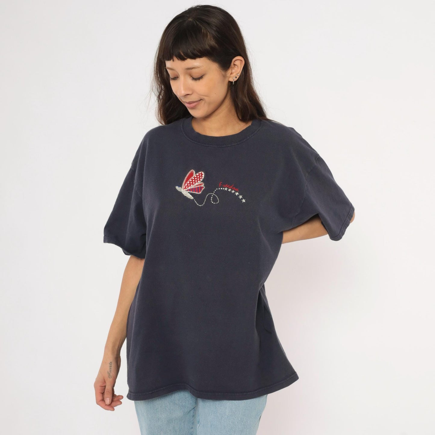 90s Mc Squared Energy Butterfly Embroidered Tee Navy Cotton Americana Stars Extra Large XXL