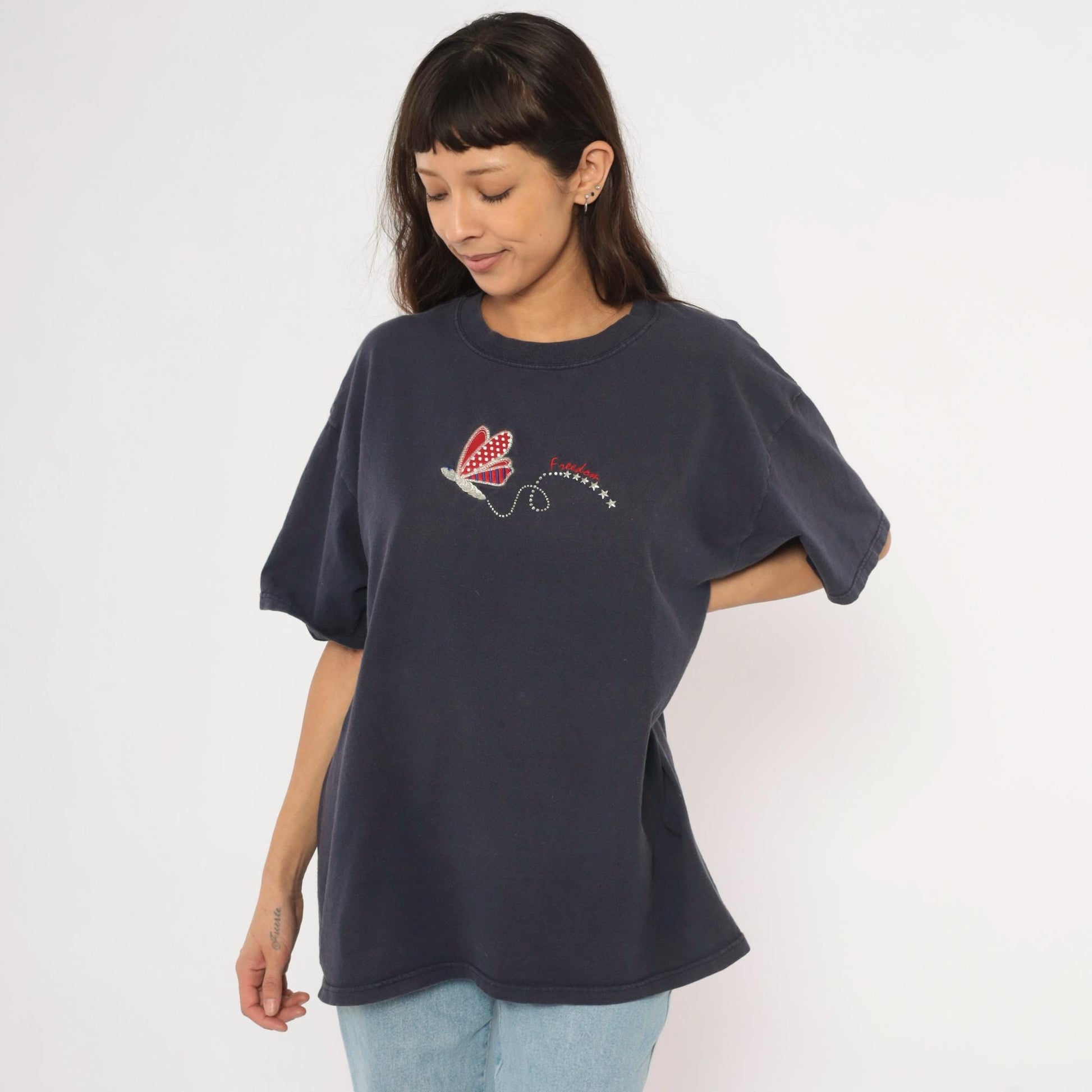 90s Mc Squared Energy Butterfly Embroidered Tee Navy Cotton Americana Stars Extra Large XXL