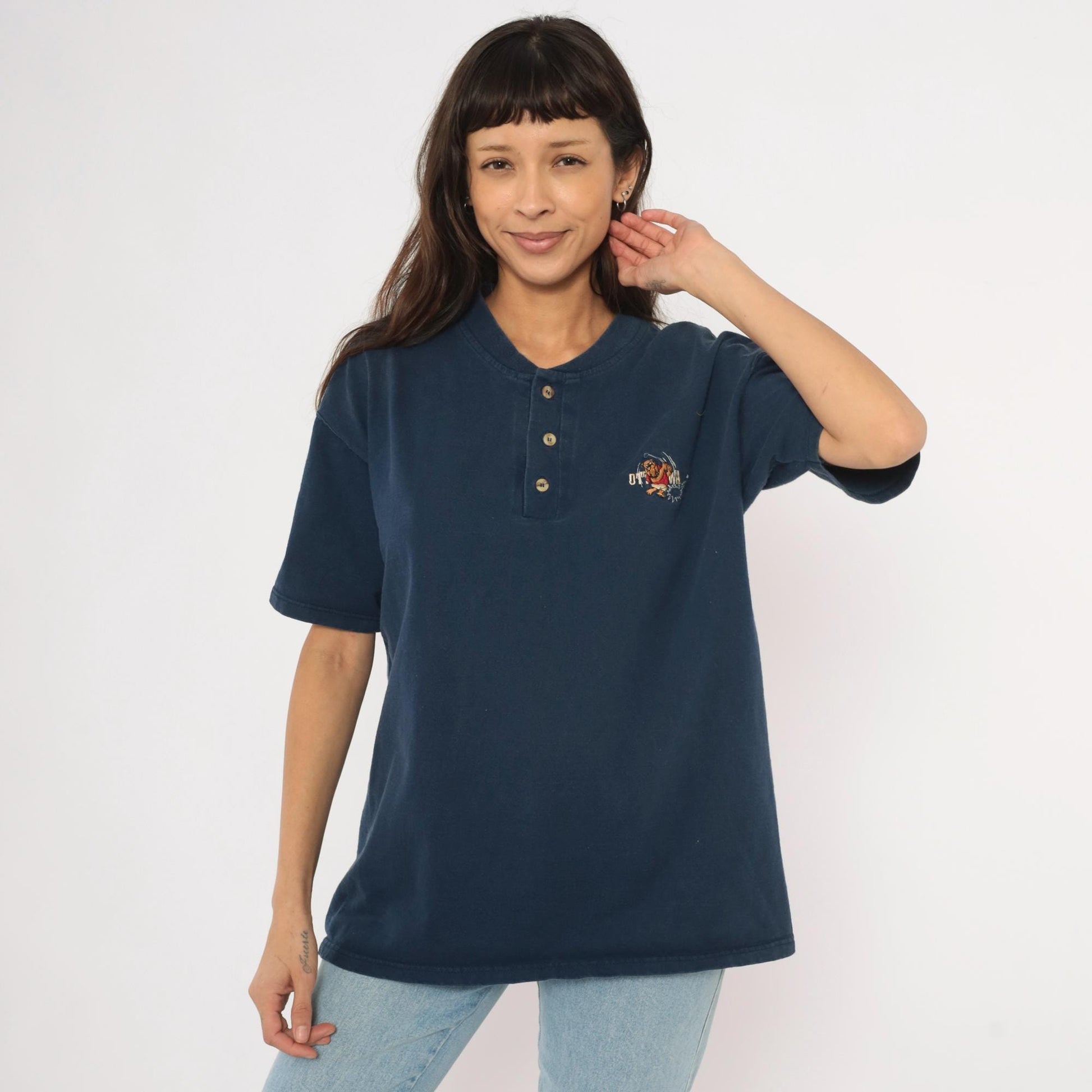 90s Powersport by Oneita Navy Henley Embroidered Bulldog Golf Graphic Large L