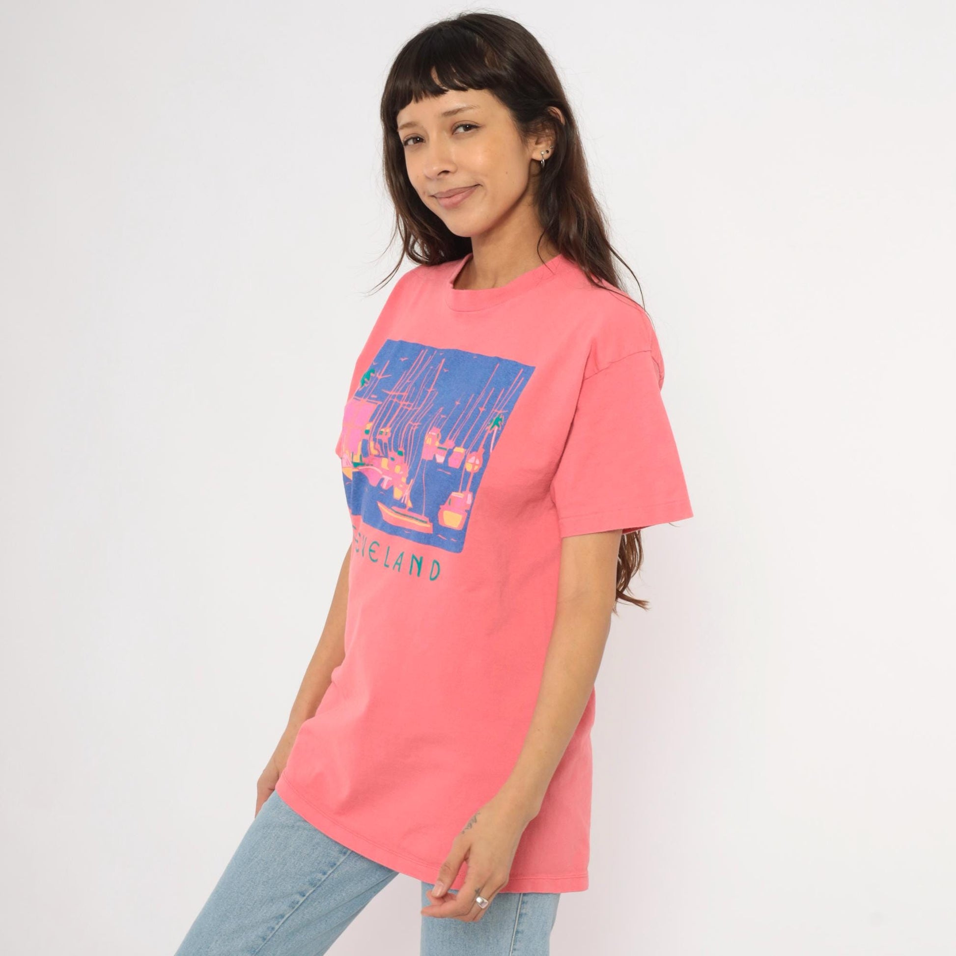 90s Eyecatcher Sportswear Cleveland Marina Tee Coral Pink Sailboat Graphic Extra Large XL