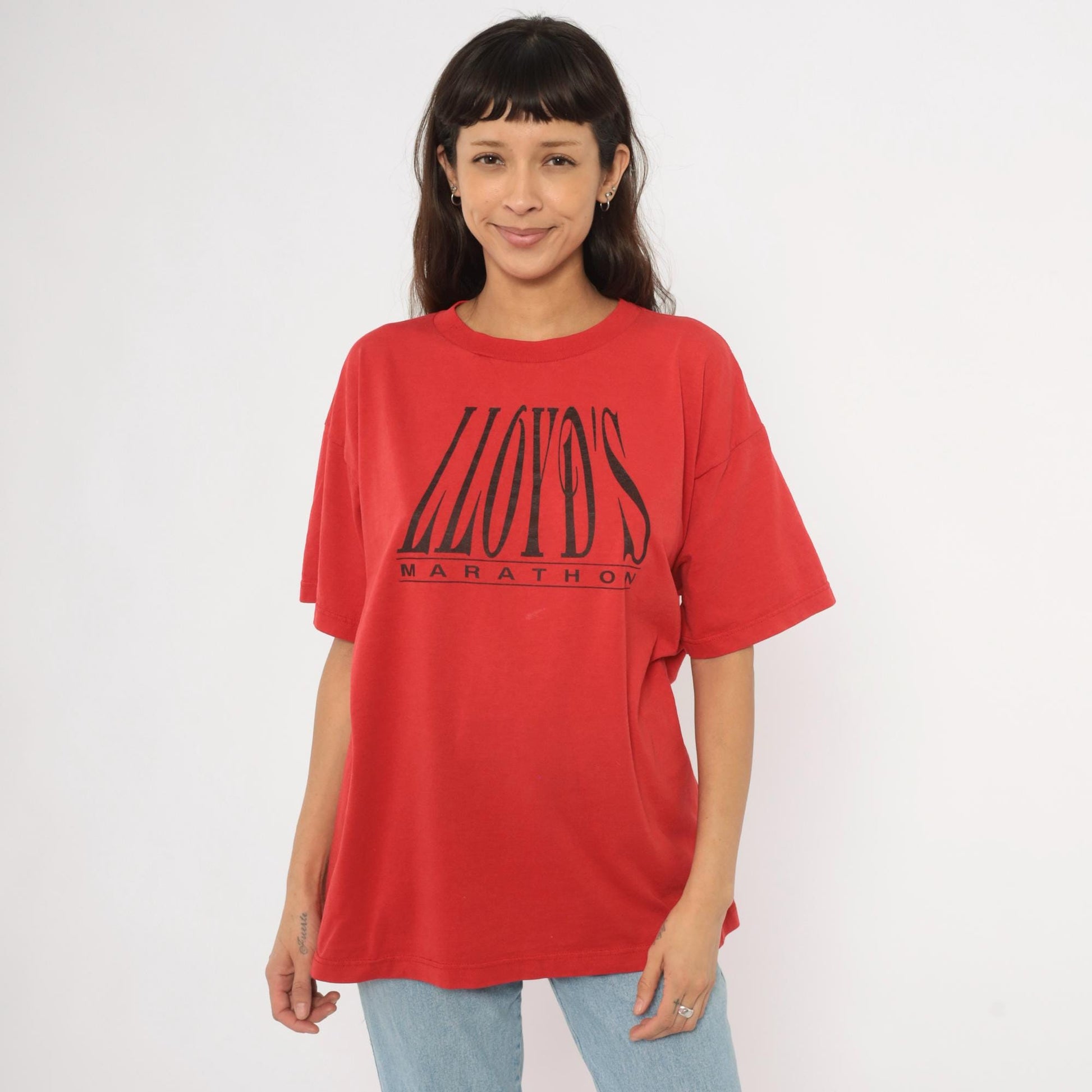 90s Lloyd's Marathon Tee Fruit of the Loom Red Graphic Coach Crewneck Extra Large XL