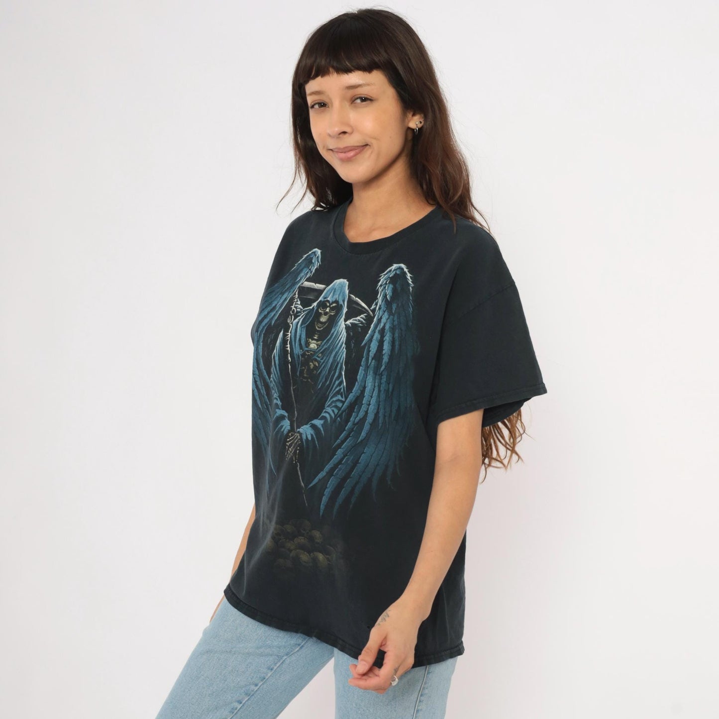 2000s Winged Grim Reaper Graphic Tee Black Cotton Gildan Large L