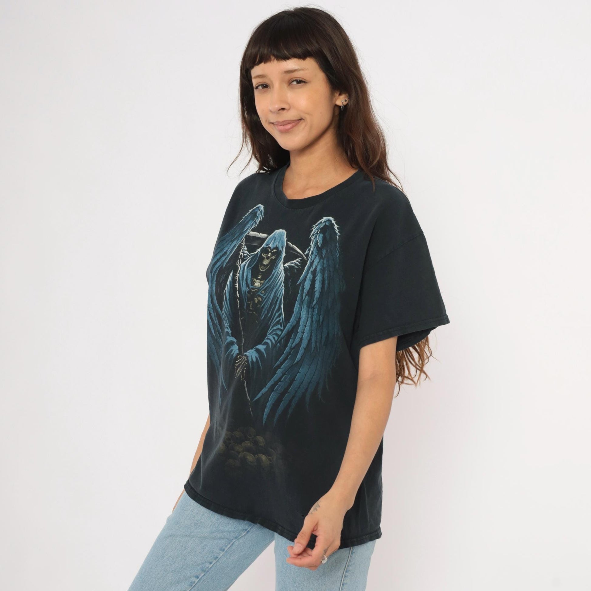 2000s Winged Grim Reaper Graphic Tee Black Cotton Gildan Large L