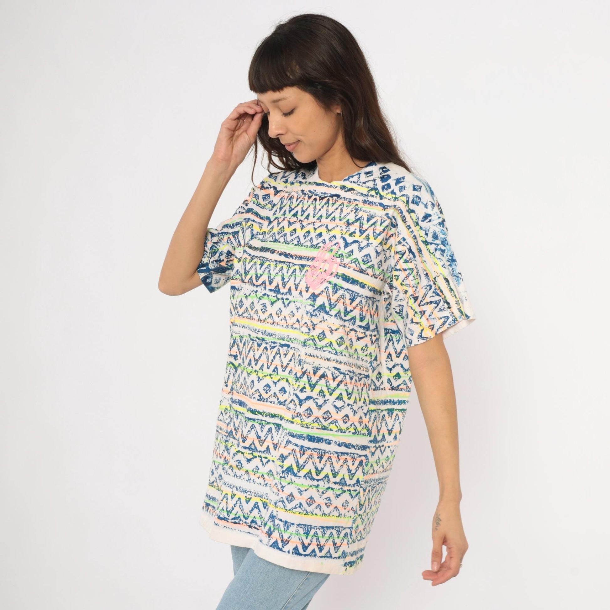 90s Sasson Tribal Print T-Shirt Neon Geometric White Navy Cotton Extra Large XL