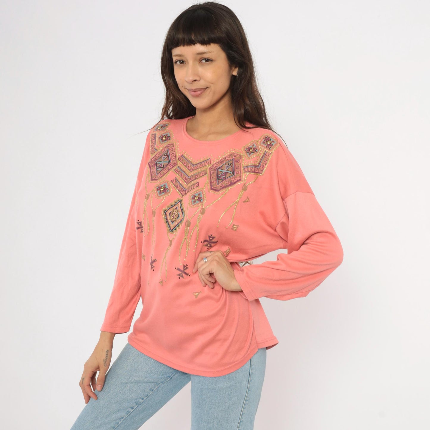 90s Sassy Sport Southwestern Crewneck Coral Pink Beaded Graphic Medium