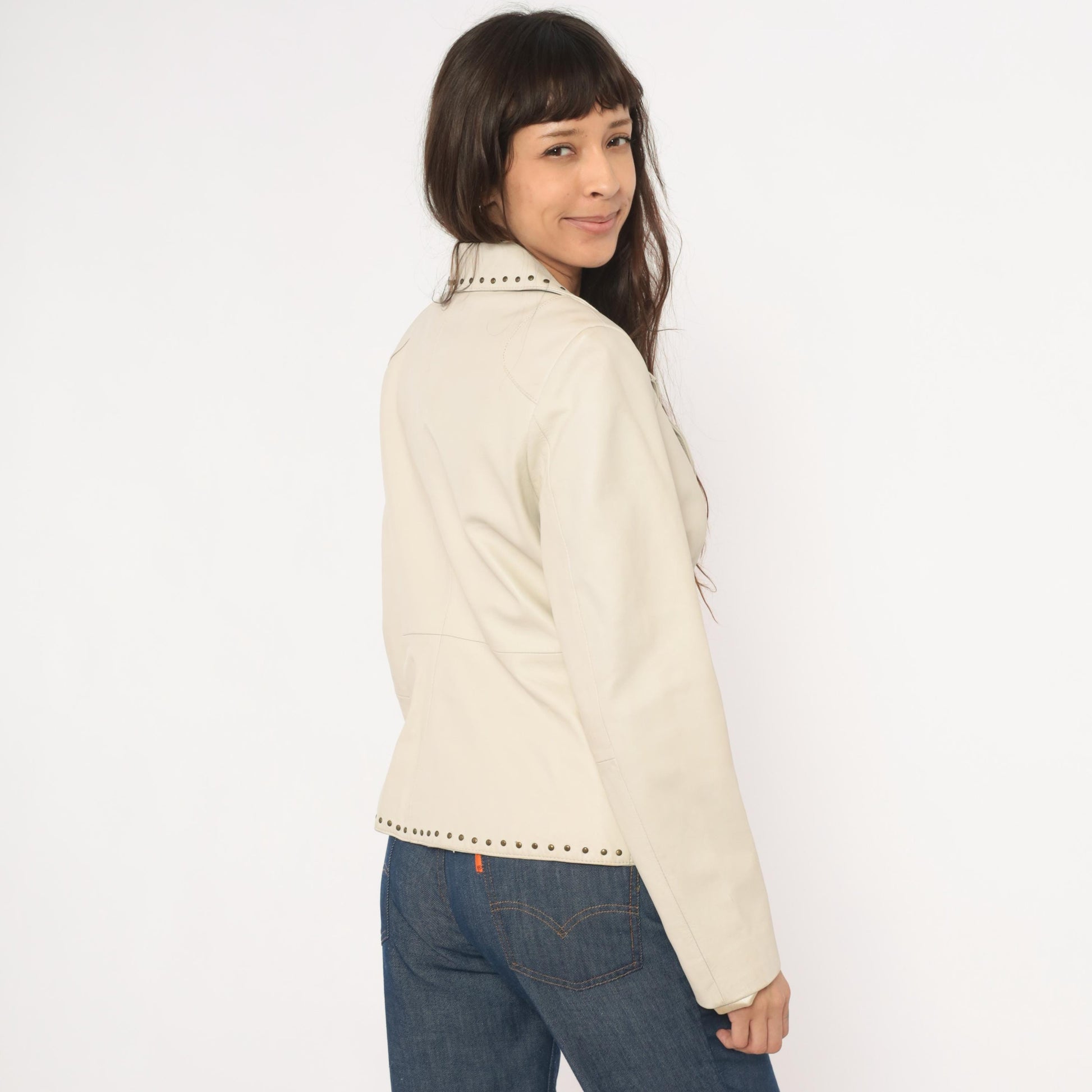 2000s Uniform John Paul Richard Studded Lamb Leather Blazer Cream Medium M