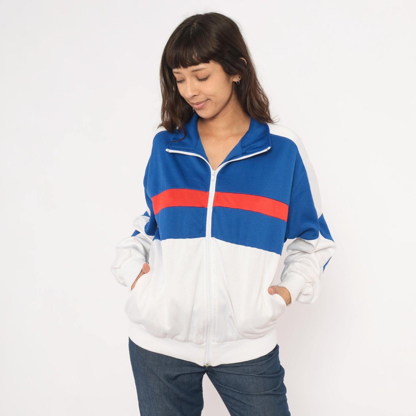 80s Pro Spirit Color Block Track Jacket Blue White Red Stripe Large L