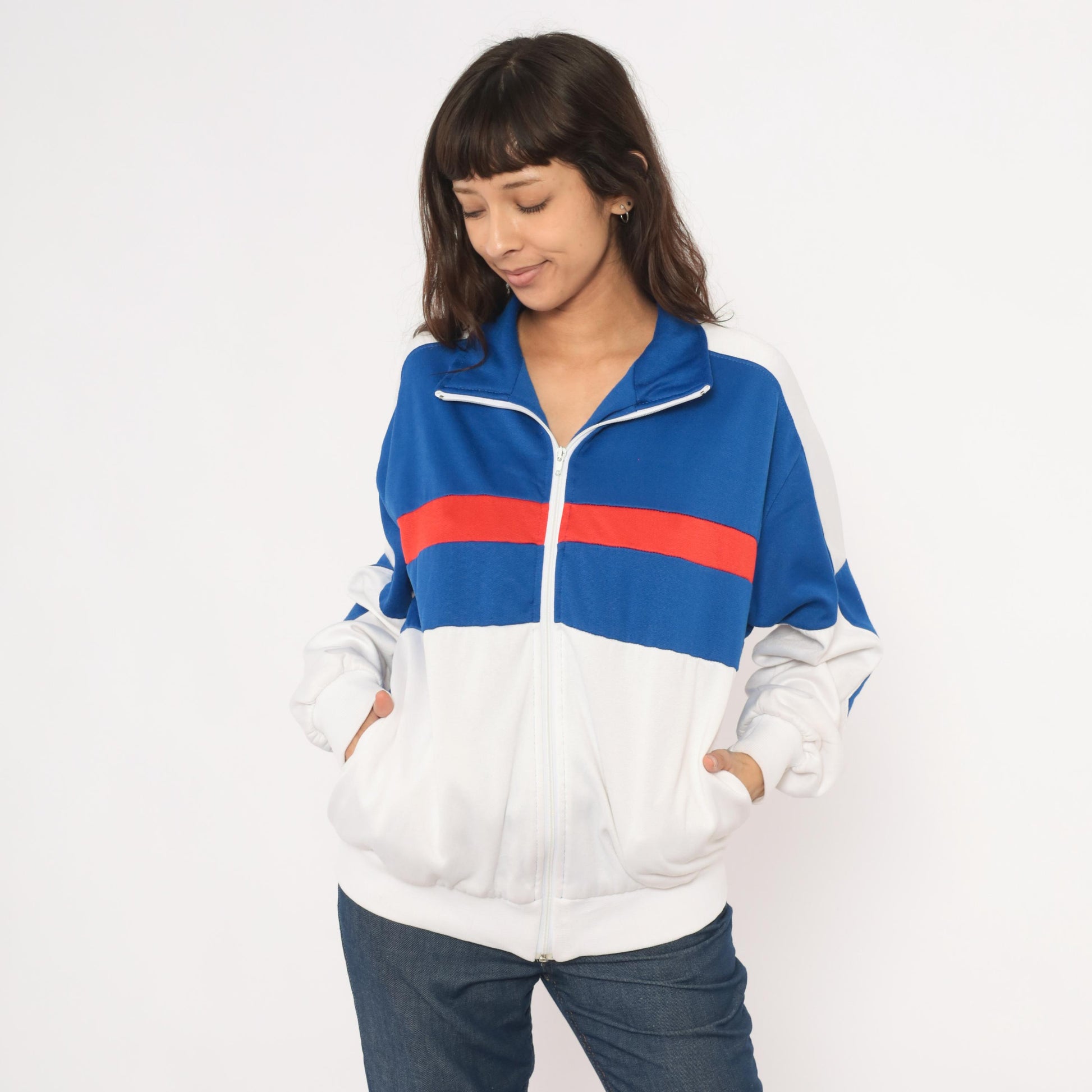 80s Pro Spirit Color Block Track Jacket Blue White Red Stripe Large L