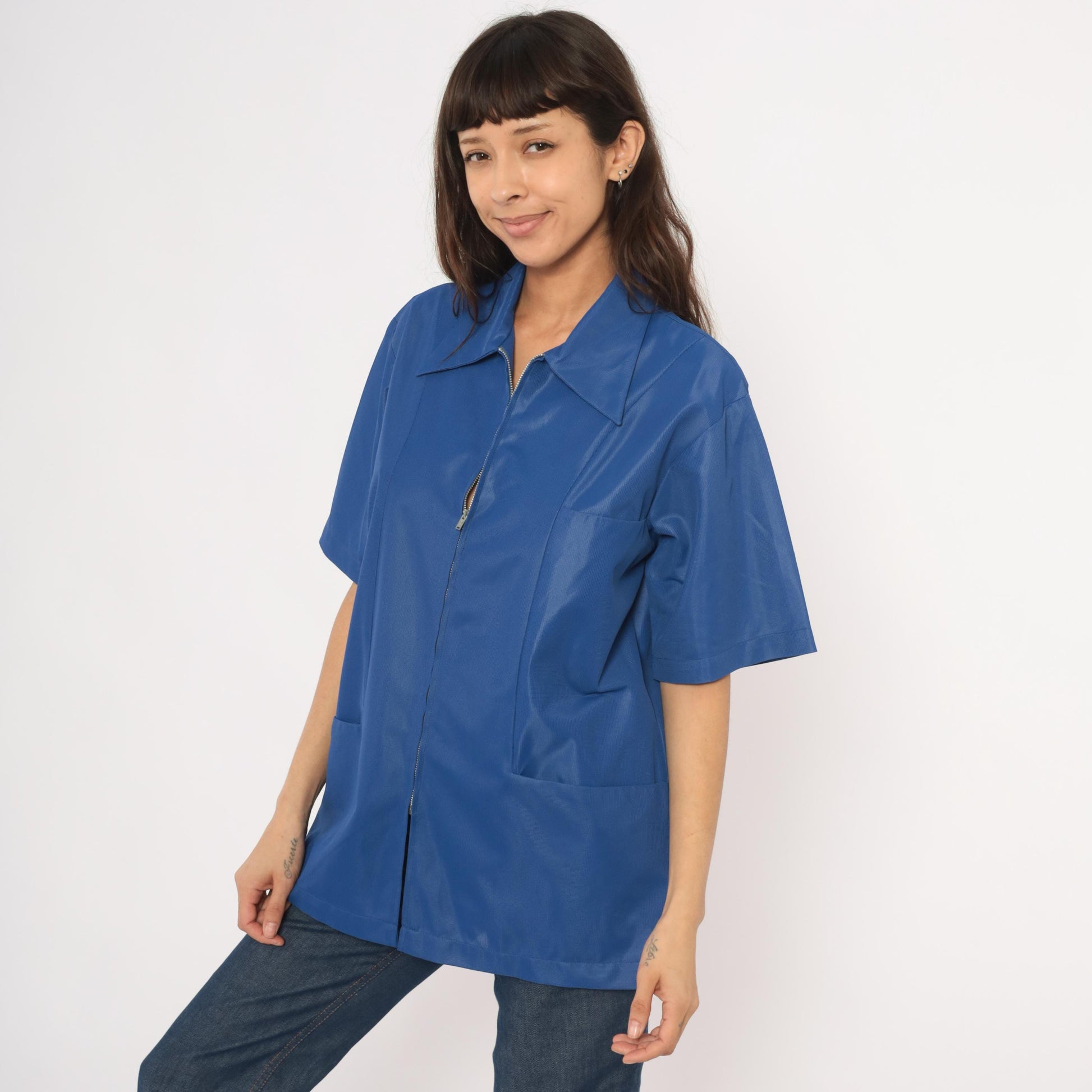 70s Sears Professional Apparel Cobalt Zip Jacket Short Sleeve Tunic Large