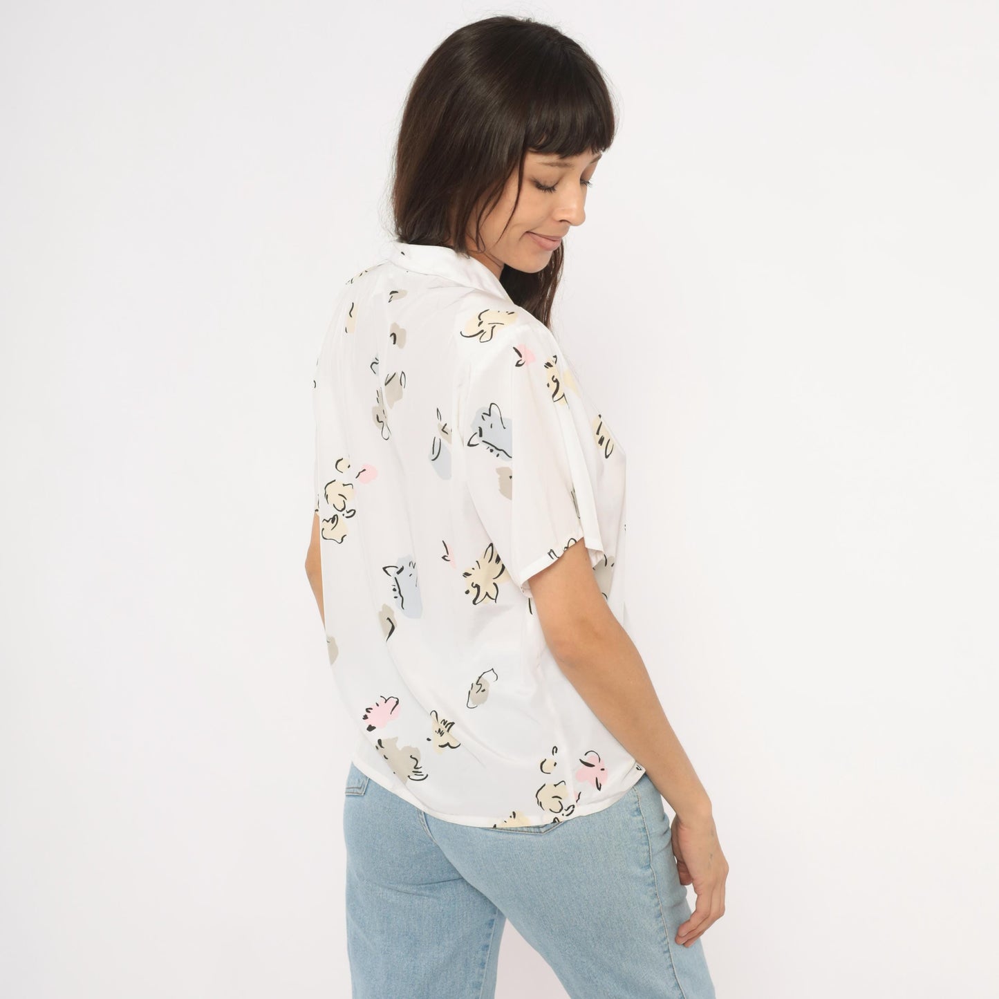 90s Liz Baker Abstract Floral Blouse Cream Shawl Collar V Neck Medium