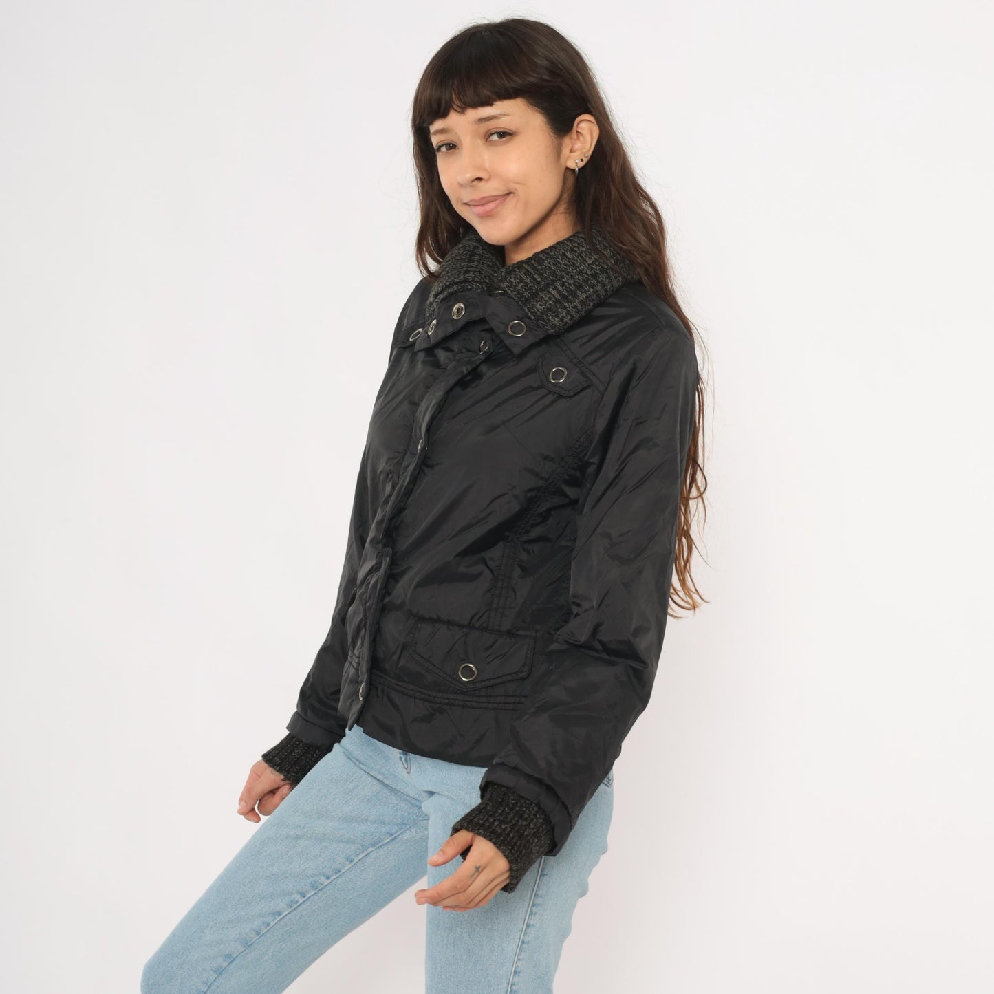 Y2K Dollhouse Black Bomber Jacket Snap Front Knit Collar Cropped Medium M