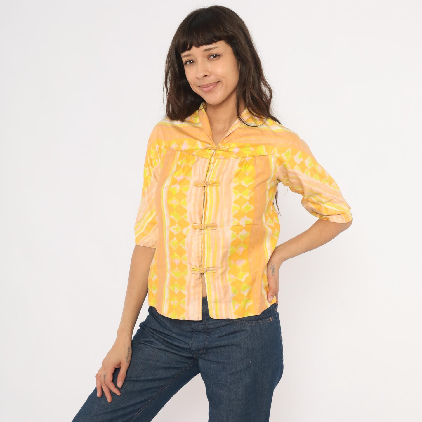 70s Frog Closure Blouse Yellow Geometric Print Mandarin Collar Three Quarter Sleeve Extra Small XS
