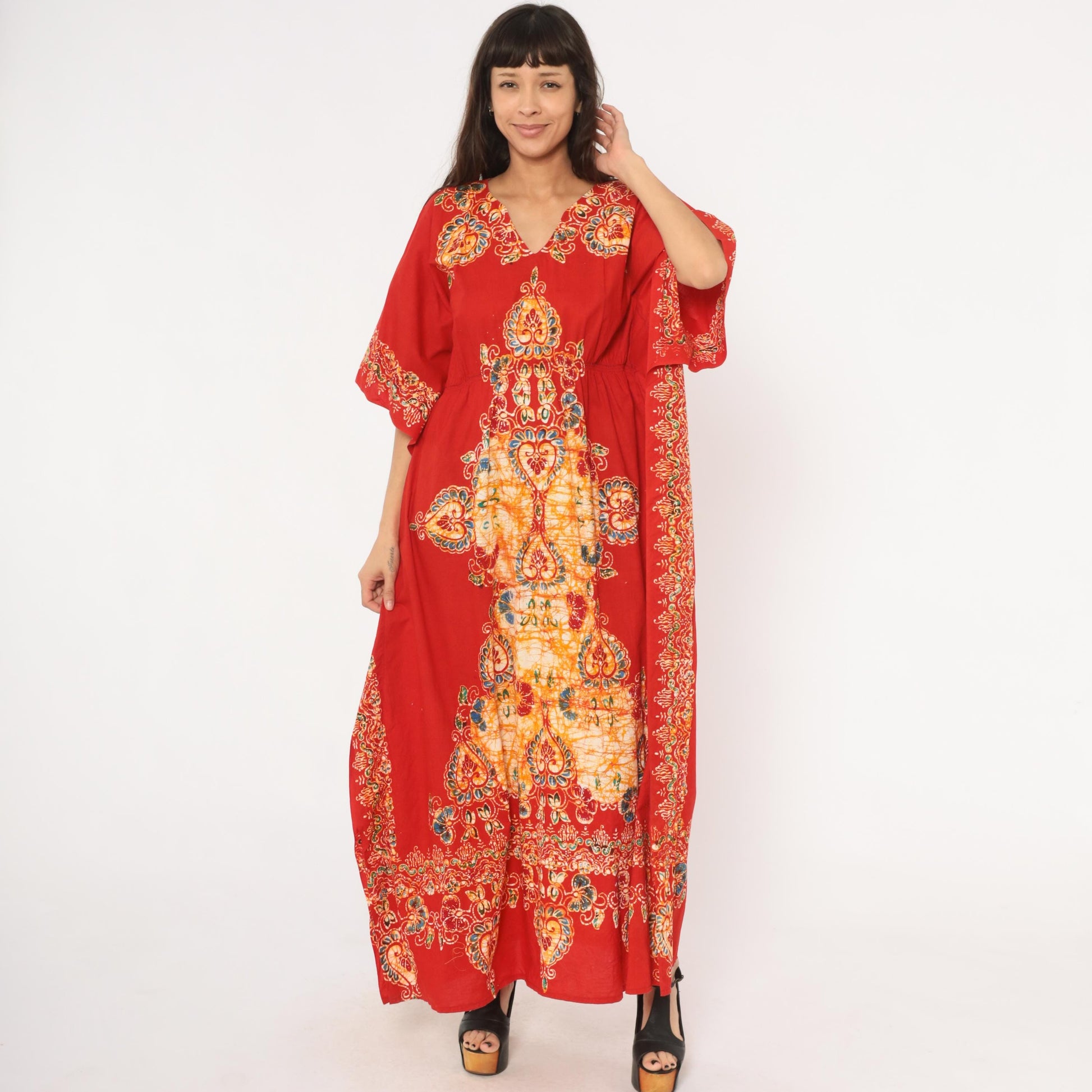 90s Red Paisley Batik Maxi Kaftan Empire Waist Flutter Sleeve Small Medium