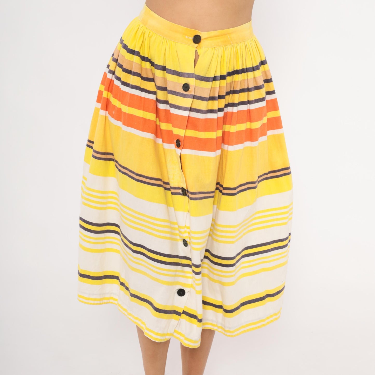 70s Striped Button Front Midi Skirt Yellow Orange Cotton Gathered Waist Small