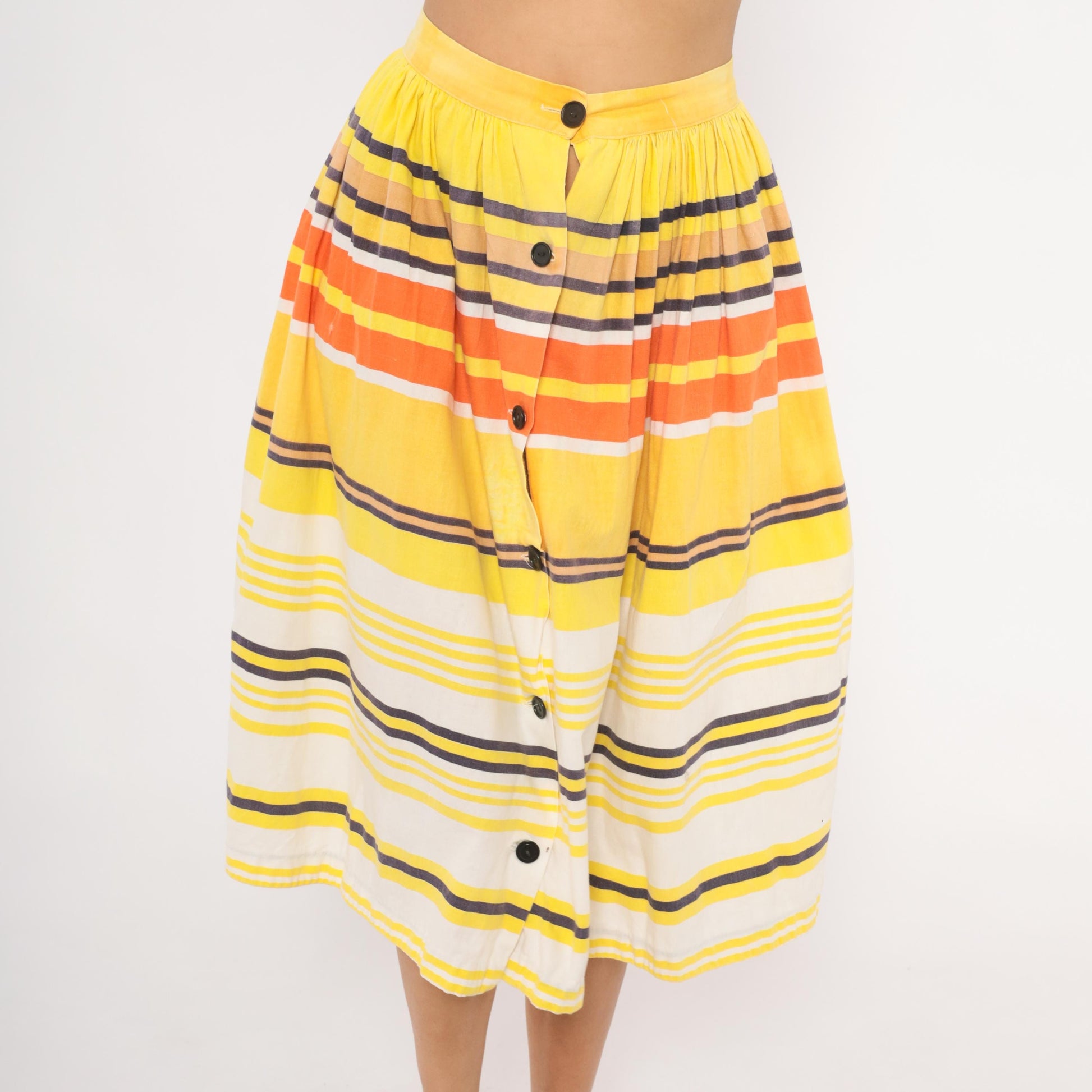 70s Striped Button Front Midi Skirt Yellow Orange Cotton Gathered Waist Small