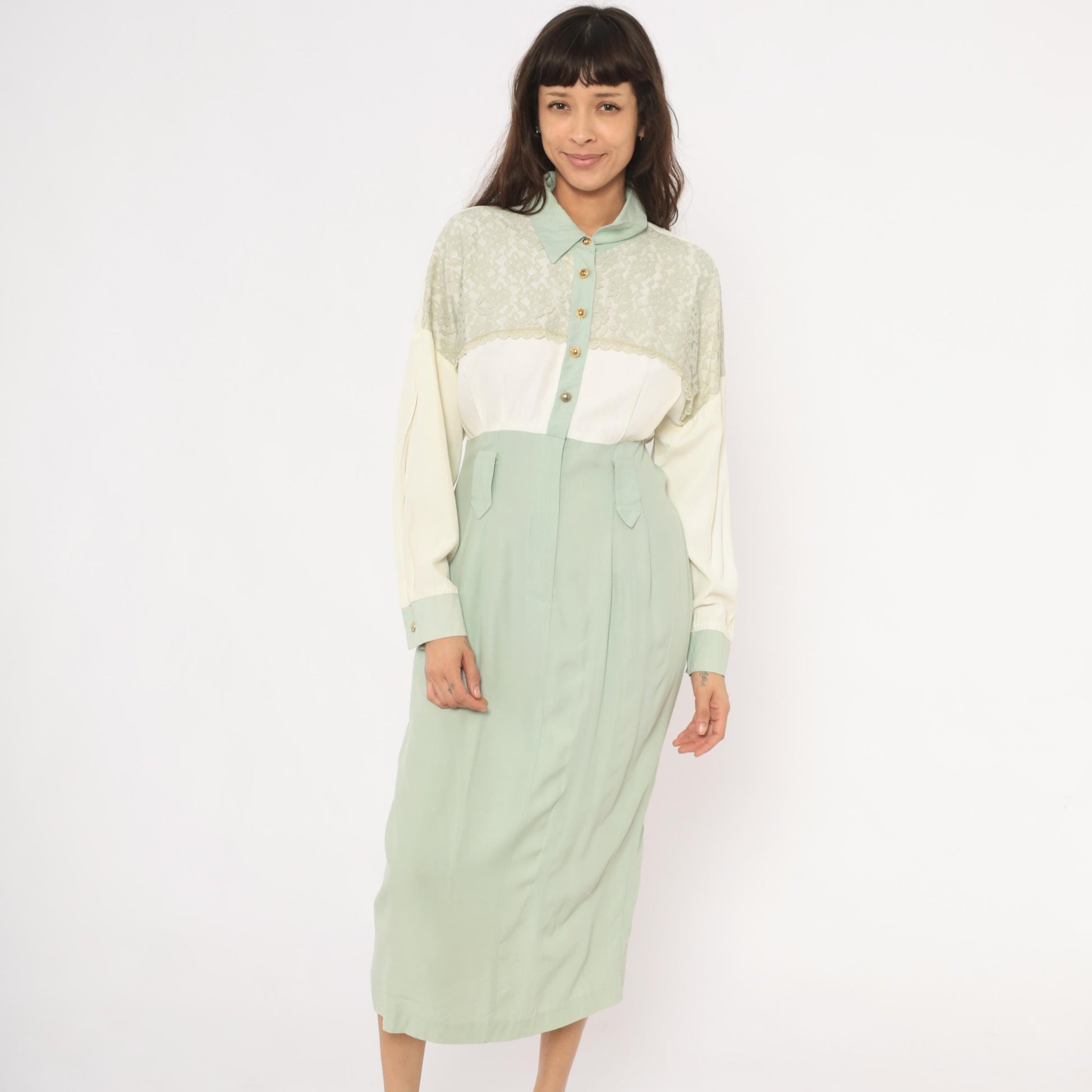 90s Irresistible Sage Mint Lace Midi Dress Gold Buttons Pointed Collar Large L