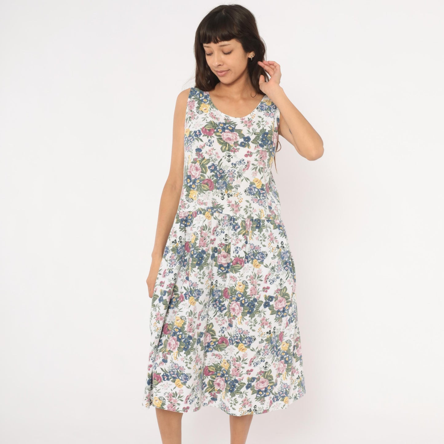 90s Erika Floral Sundress White Pink Blue Garden Print Cotton Small