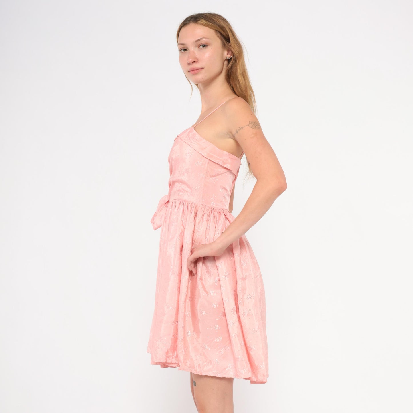 60s Pink Mini Dress Ruched Bodice Bow Waist Gathered Skirt Extra Small XS
