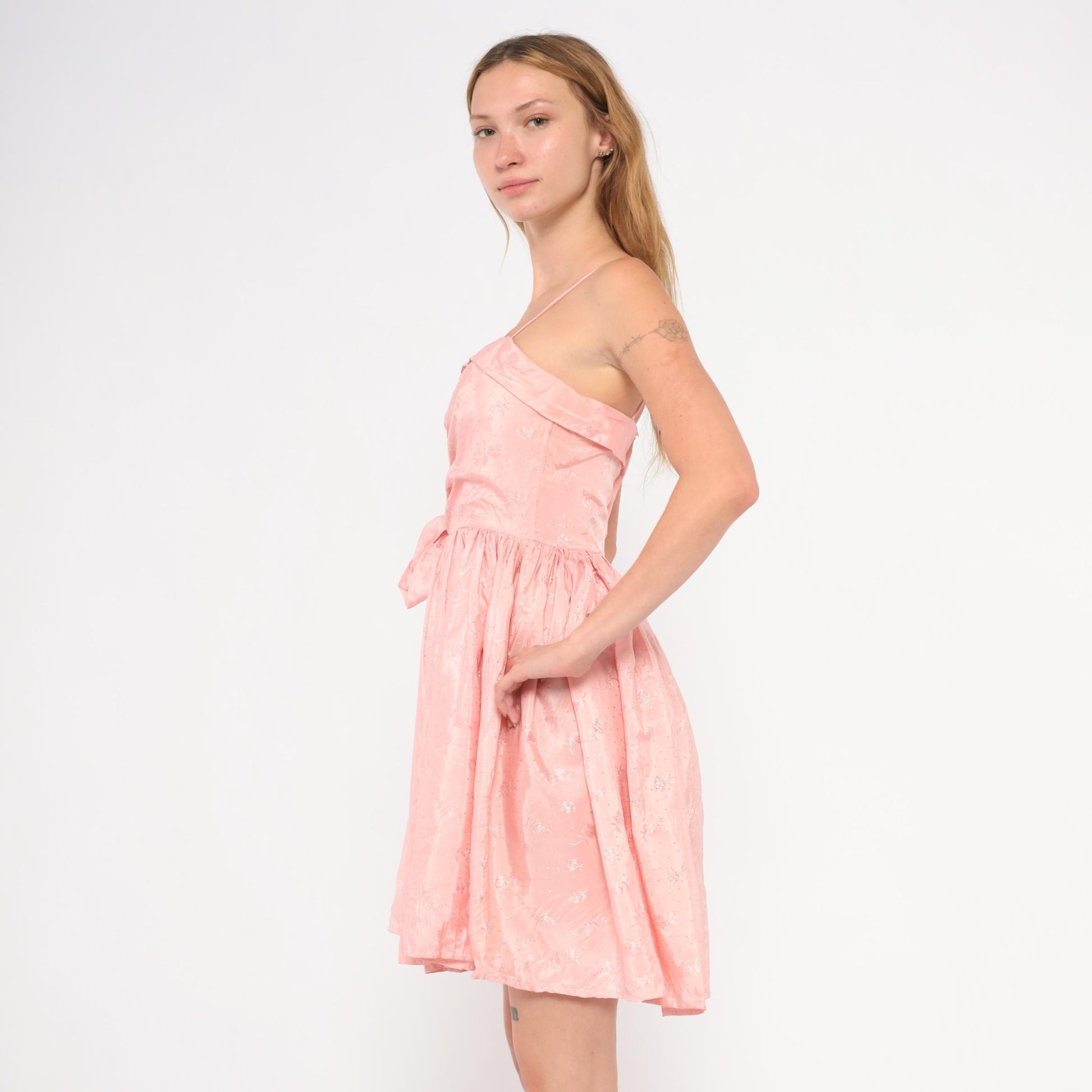 60s Pink Mini Dress Ruched Bodice Bow Waist Gathered Skirt Extra Small XS