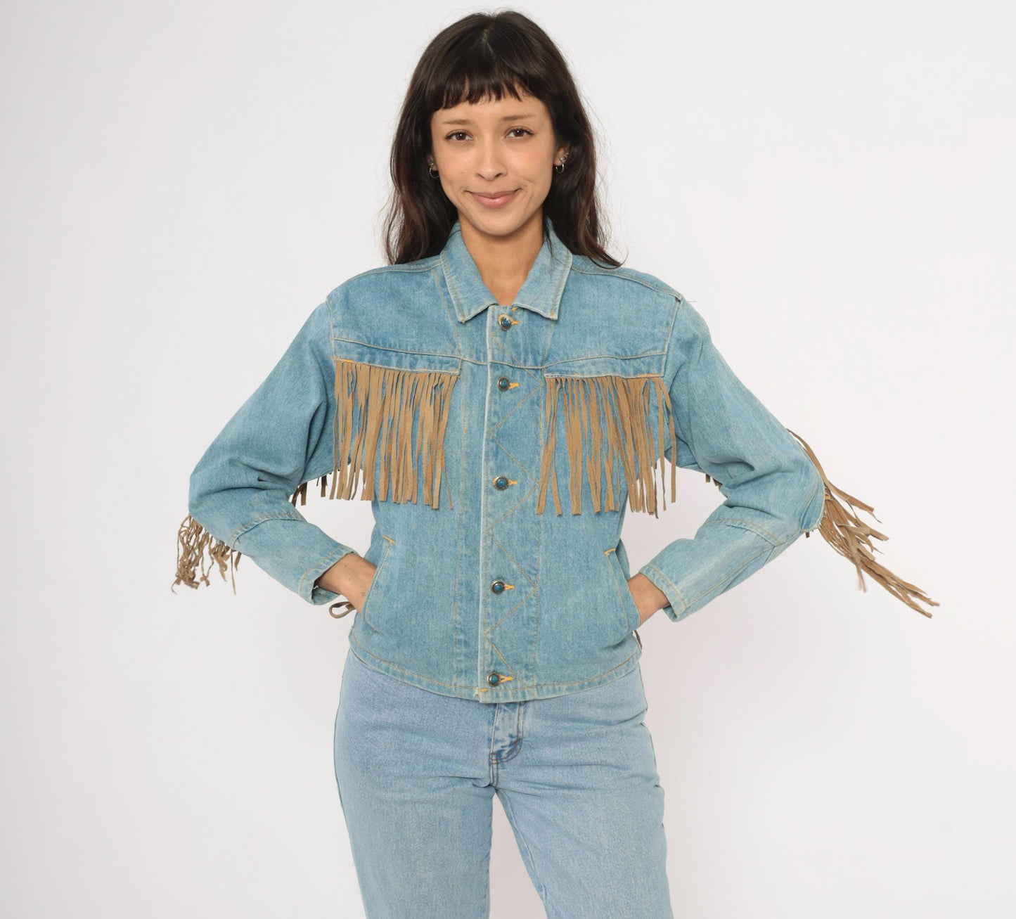 90s Morganwear Denim Jacket Suede Fringe Light Wash Lace-Up Back Medium M