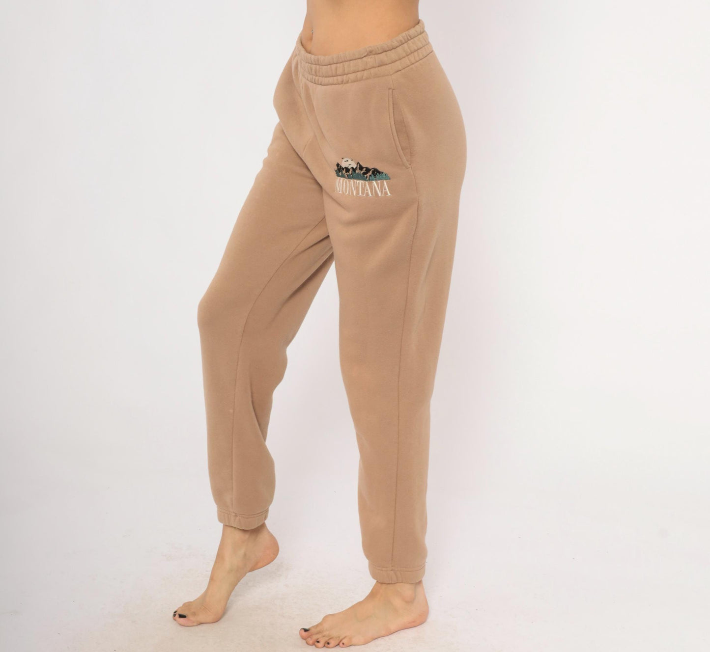 Y2K Montana Embroidered Joggers Tan Fleece Tapered Cuffed Small S