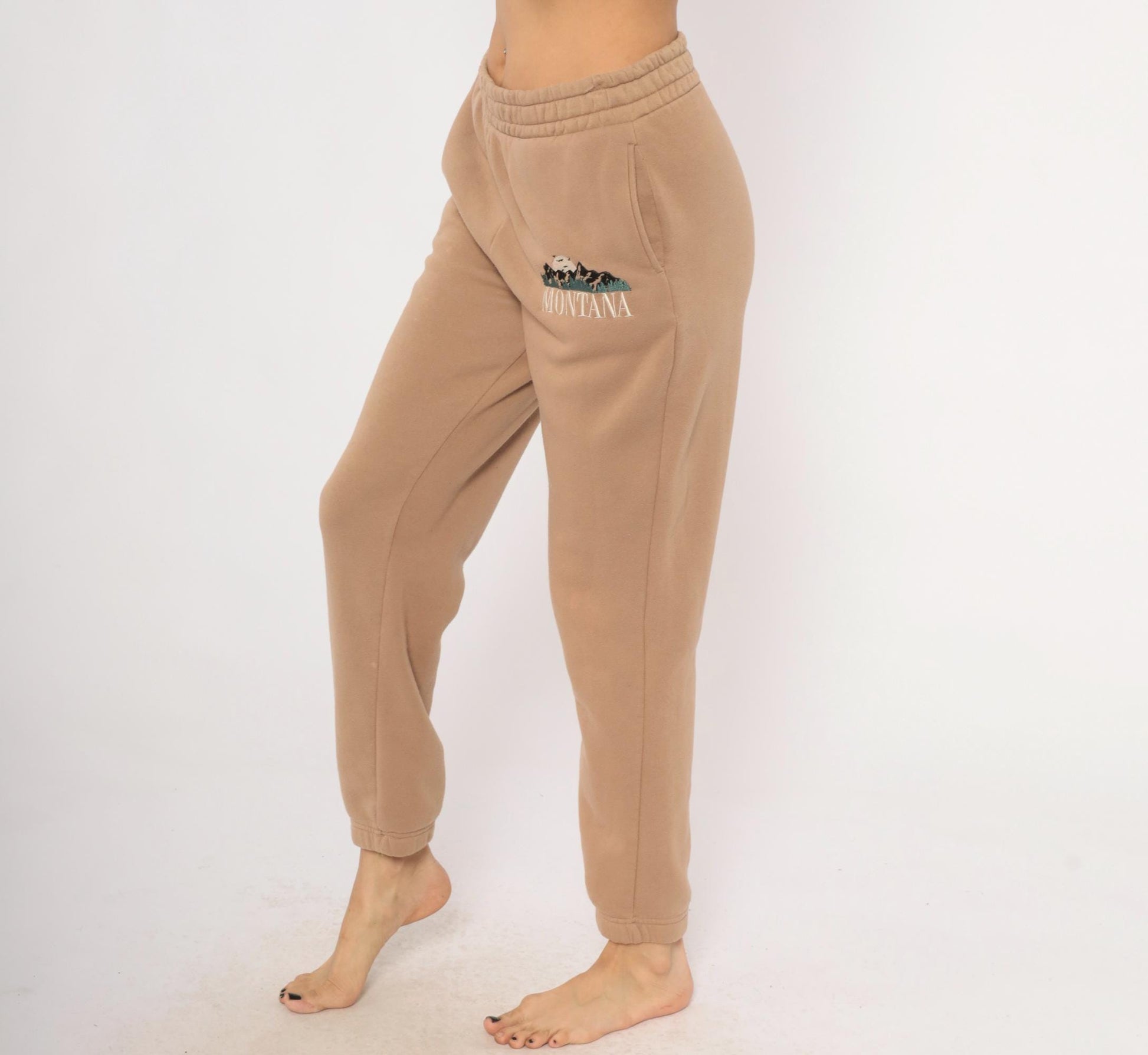 Y2K Montana Embroidered Joggers Tan Fleece Tapered Cuffed Small S