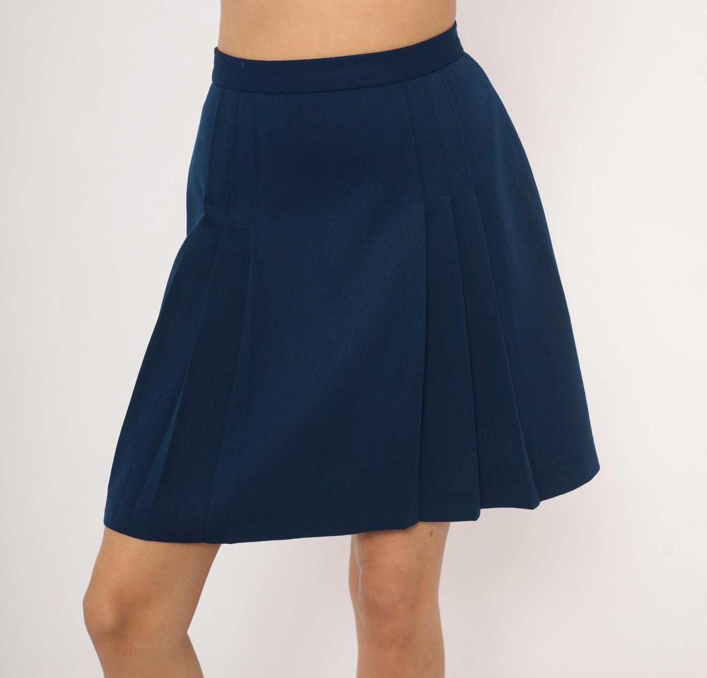 70s Navy Pleated A-Line Skirt High Waist Knee-Length Small