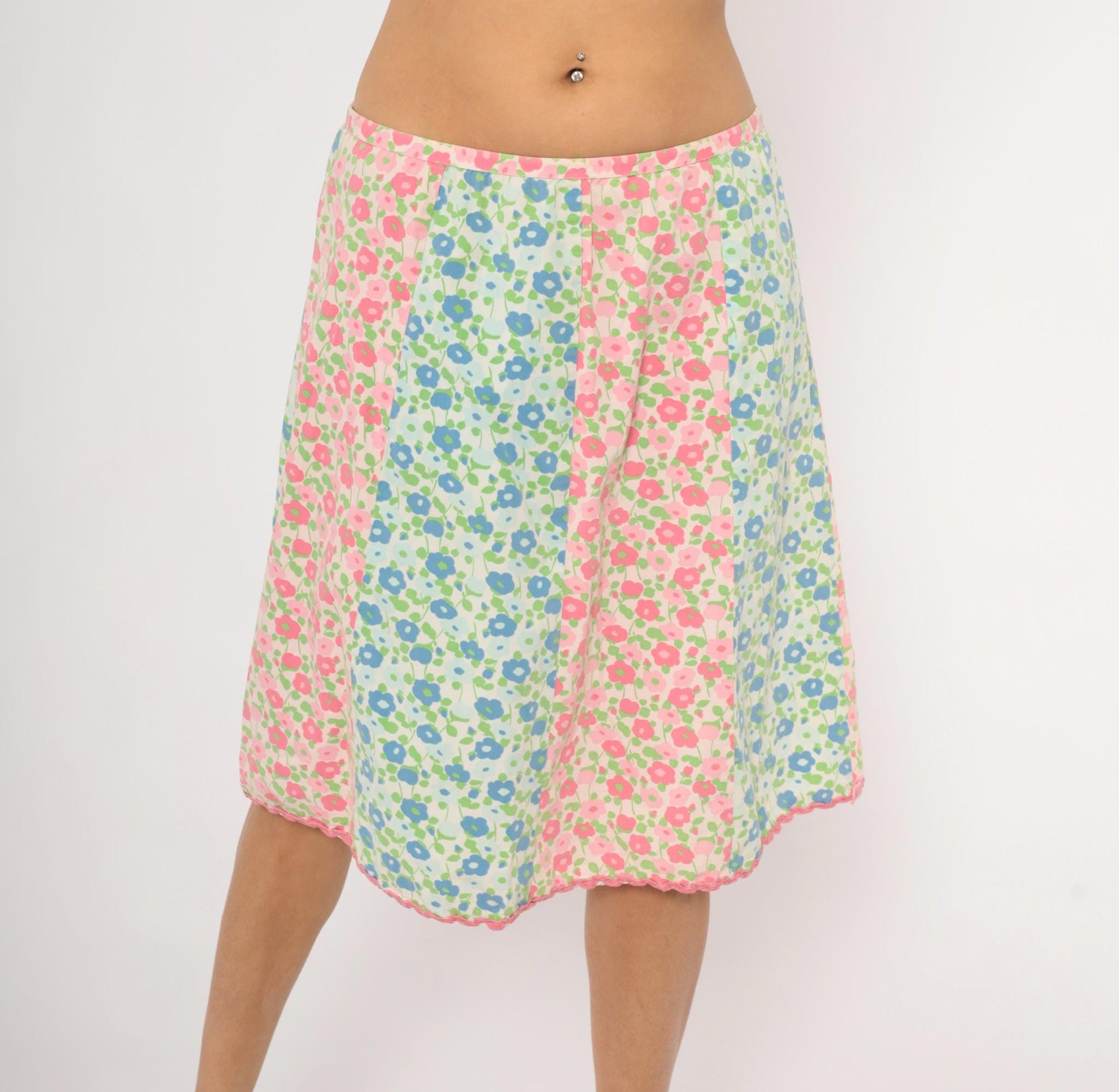 70s Floral A-Line Skirt Pink Blue Green Cotton Knee-Length Large L