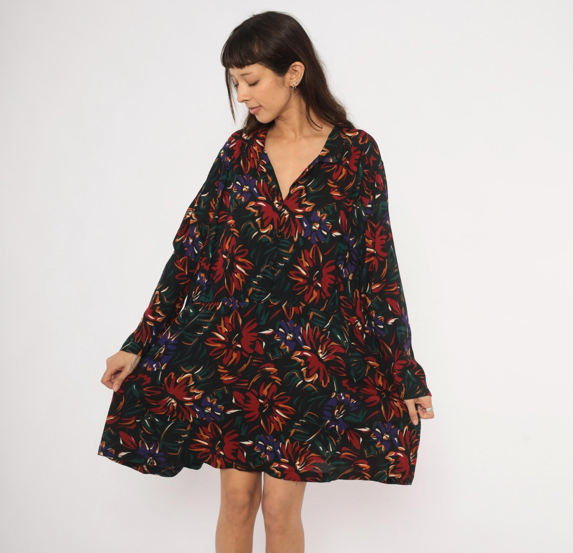 90s Sue Brett Collection Floral Mini Shirt Dress Black Burgundy Extra Large