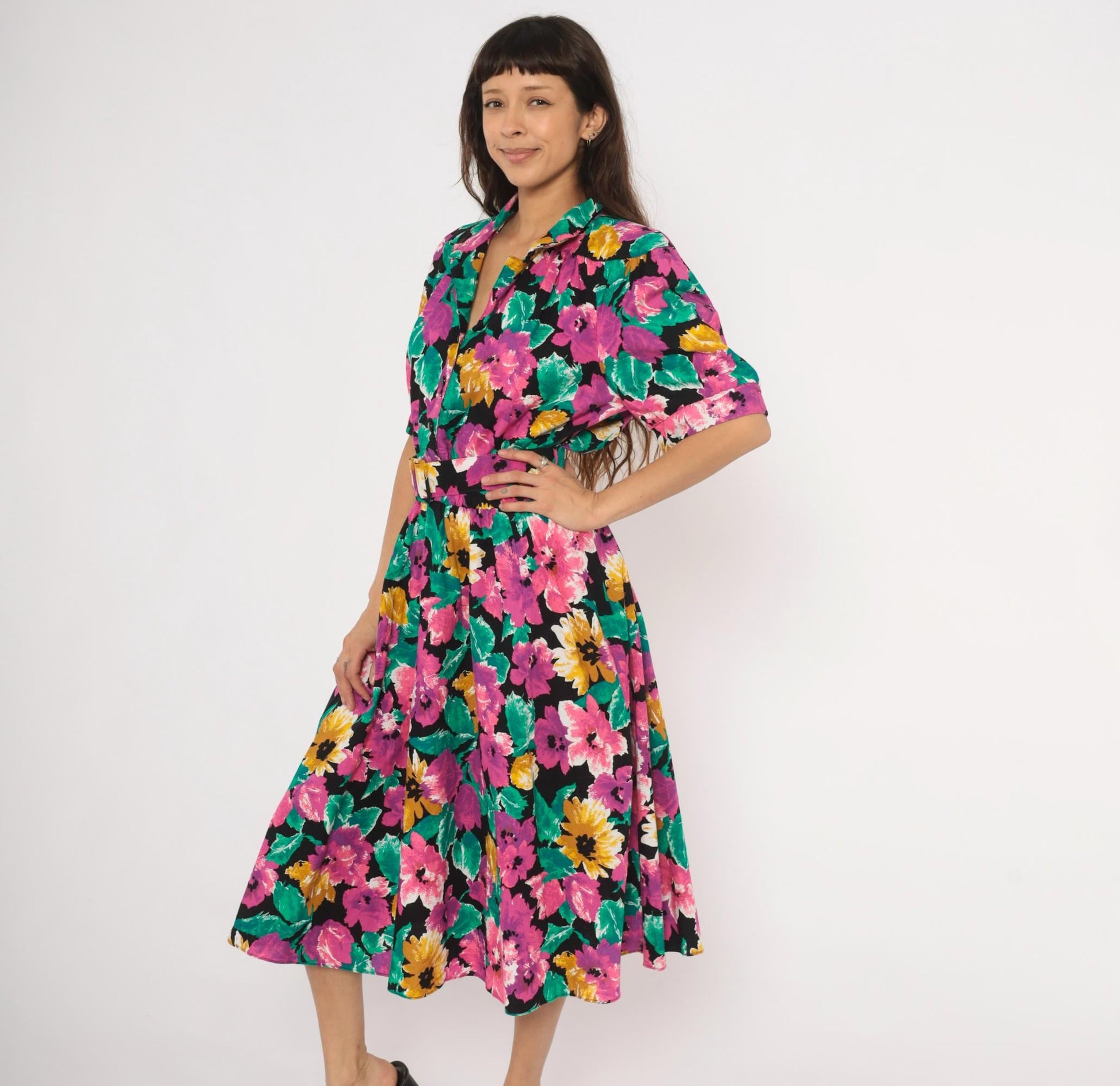 90s Ultra Dress Floral Midi Shirtdress Belted Notch Collar Multicolor Extra Large XL