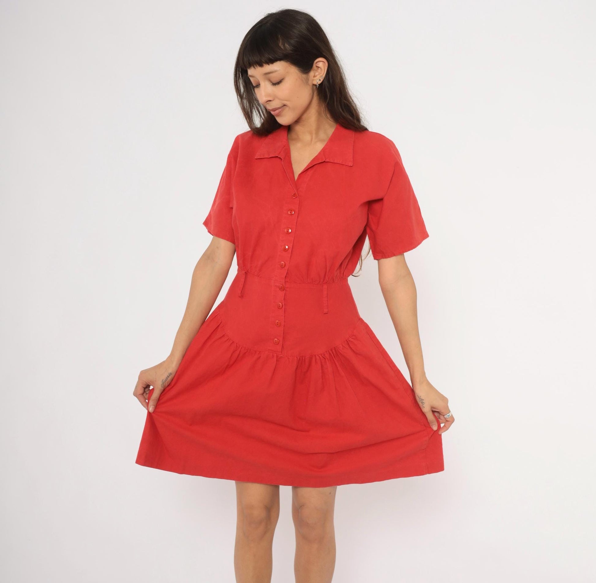 90s Wild Dress Red Cotton Shirtdress Drop Waist Gathered Skirt Medium M