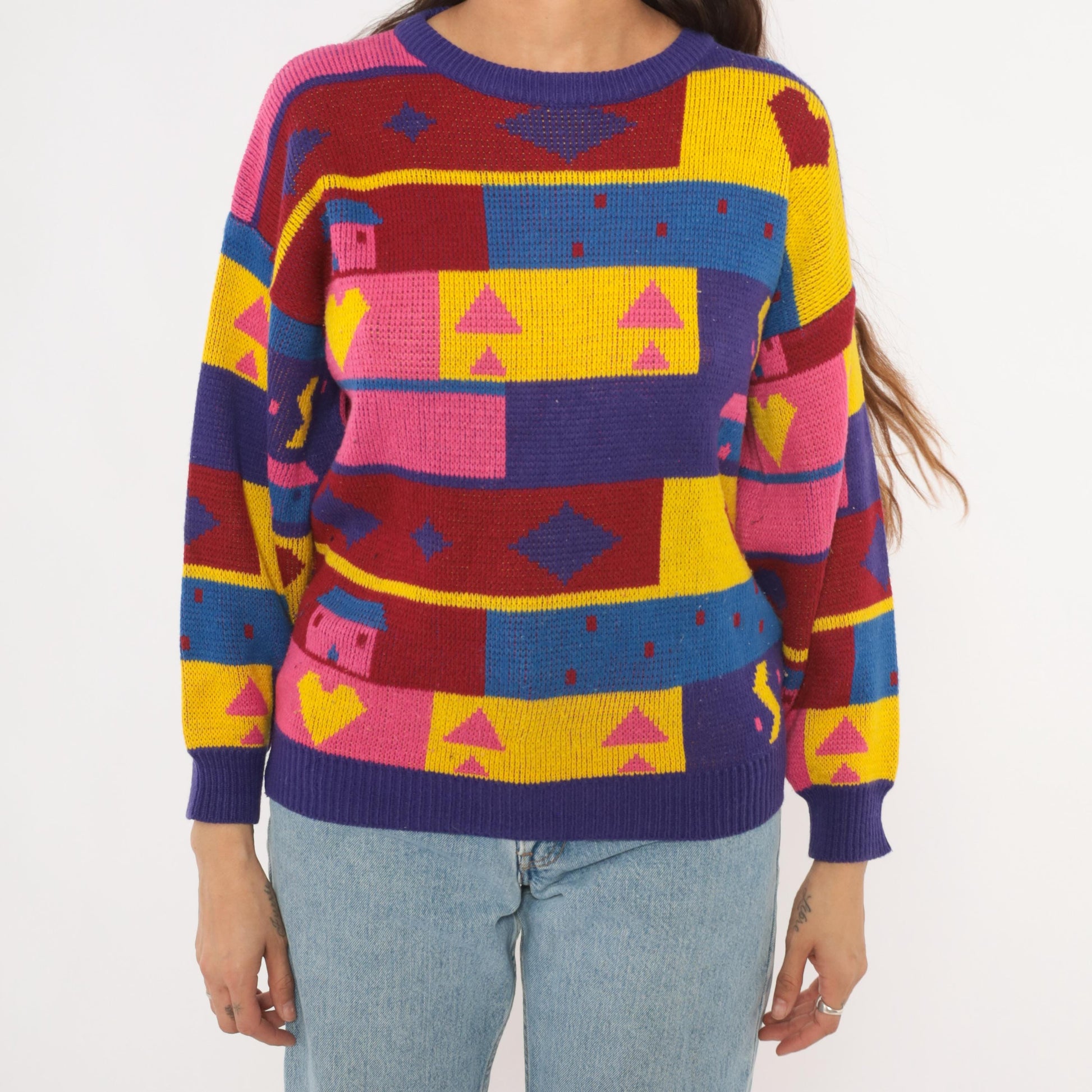 90s Chateau Geometric Colorblock Knit Sweater Purple Pink Yellow Small S