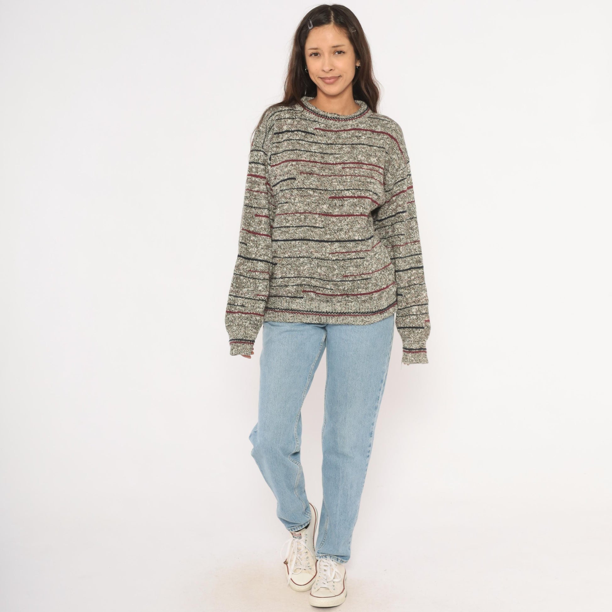 80s Bill Blass Marled Knit Striped Crewneck Pullover Burgundy Navy Grey Unisex Small
