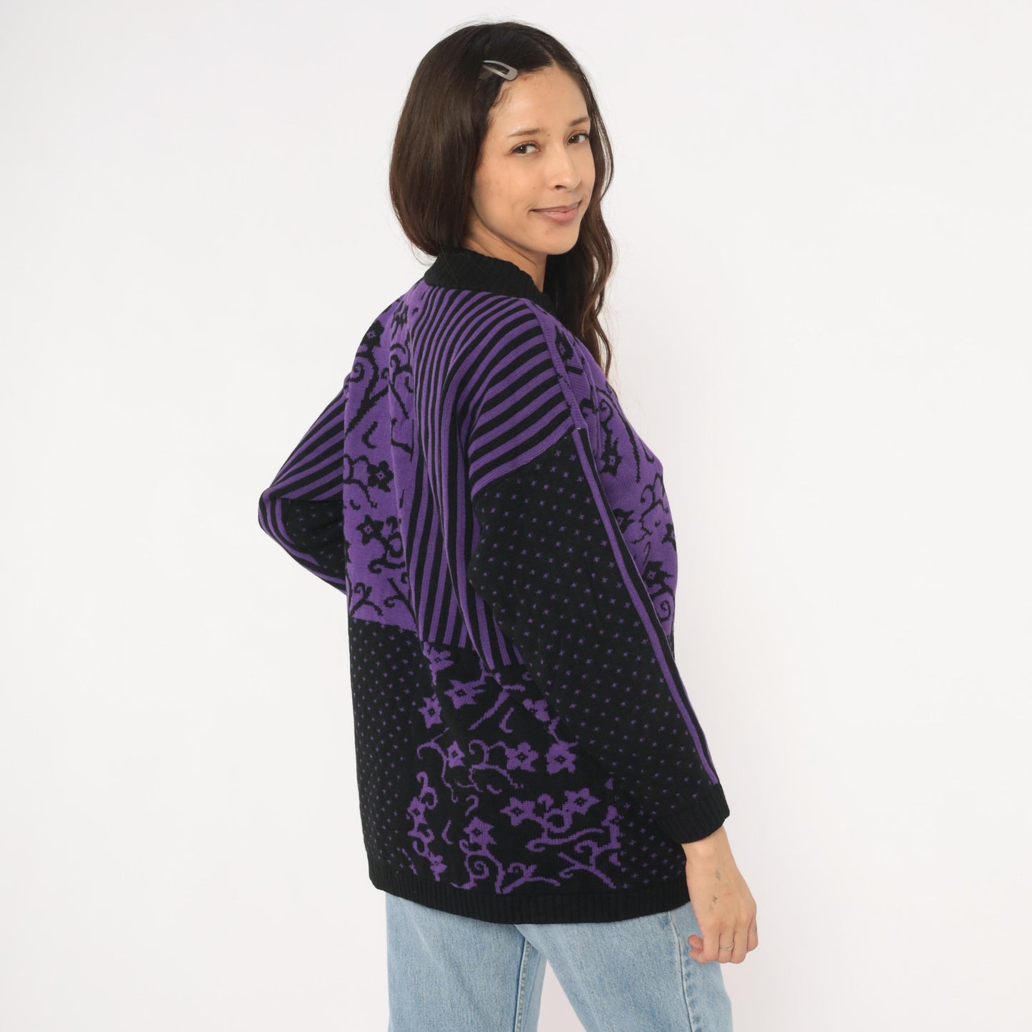 90s Sweater Exchange Purple Mock Neck Knit Patchwork Jacquard Large
