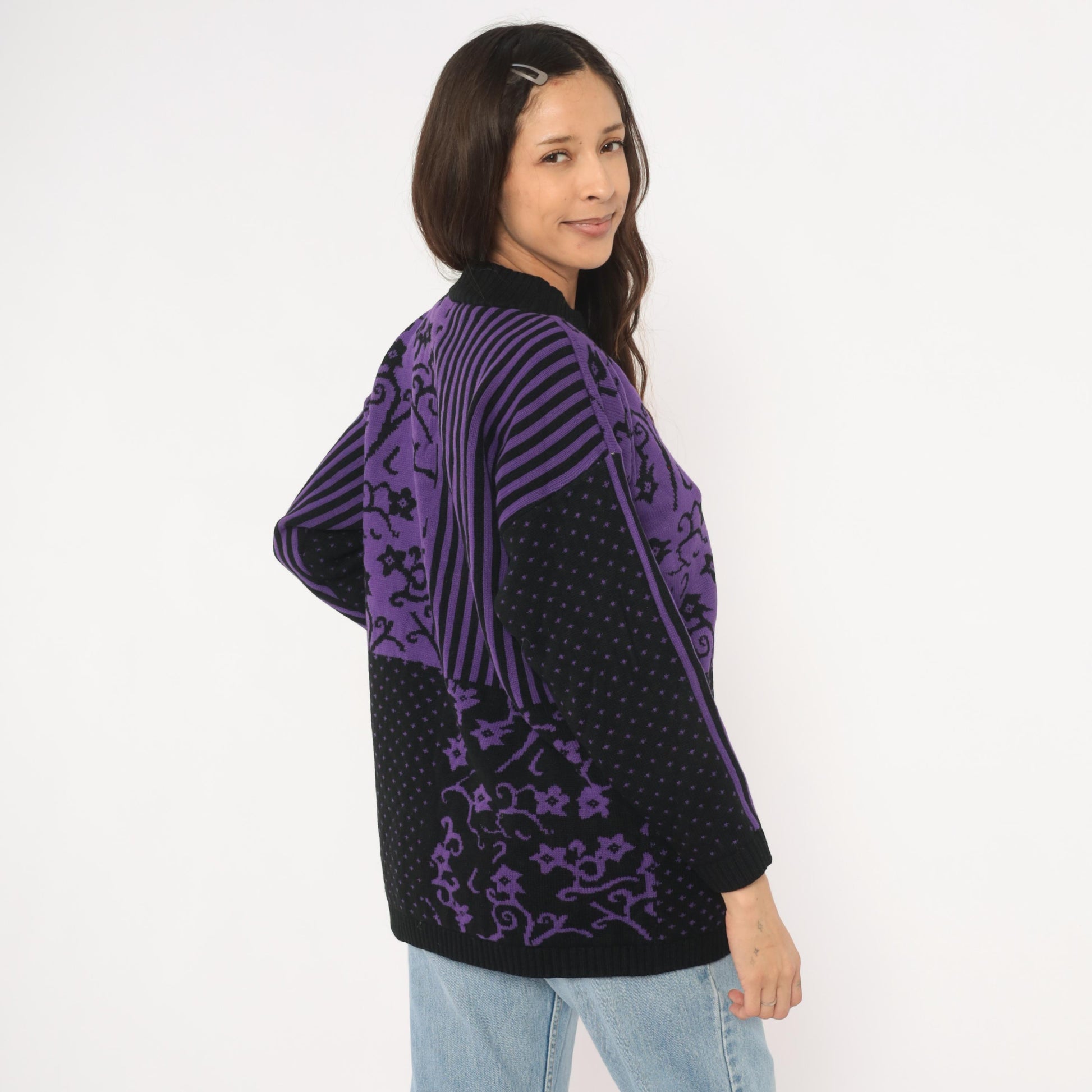 90s Sweater Exchange Purple Mock Neck Knit Patchwork Jacquard Large
