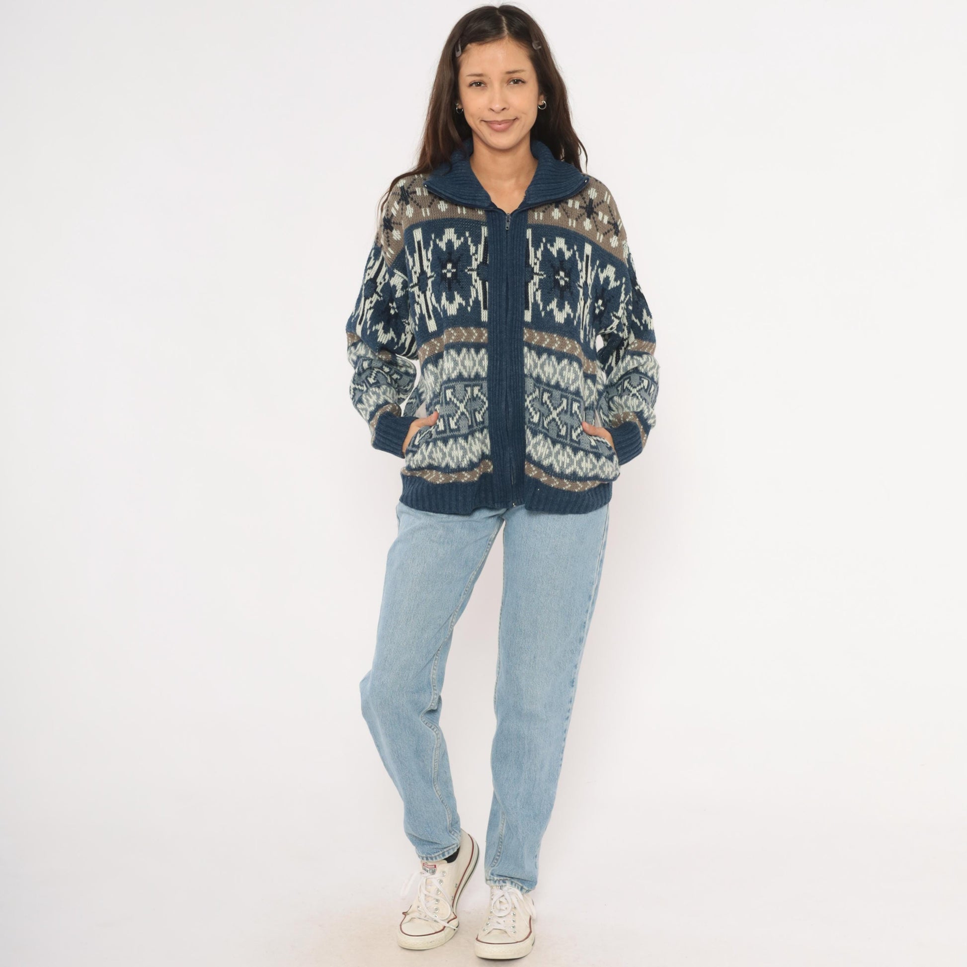 80s London Fog Fair Isle Zip Cardigan Navy Taupe Cream Snowflake Medium