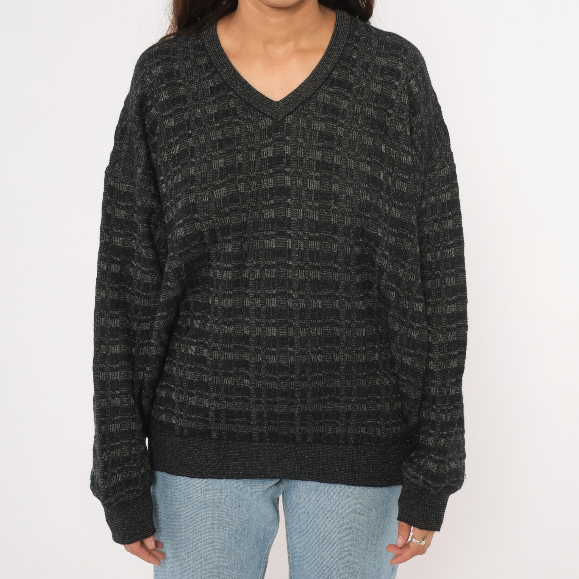 90s Tricots St Raphael Charcoal V-Neck Wool Sweater Checkerboard Knit Extra Large XL