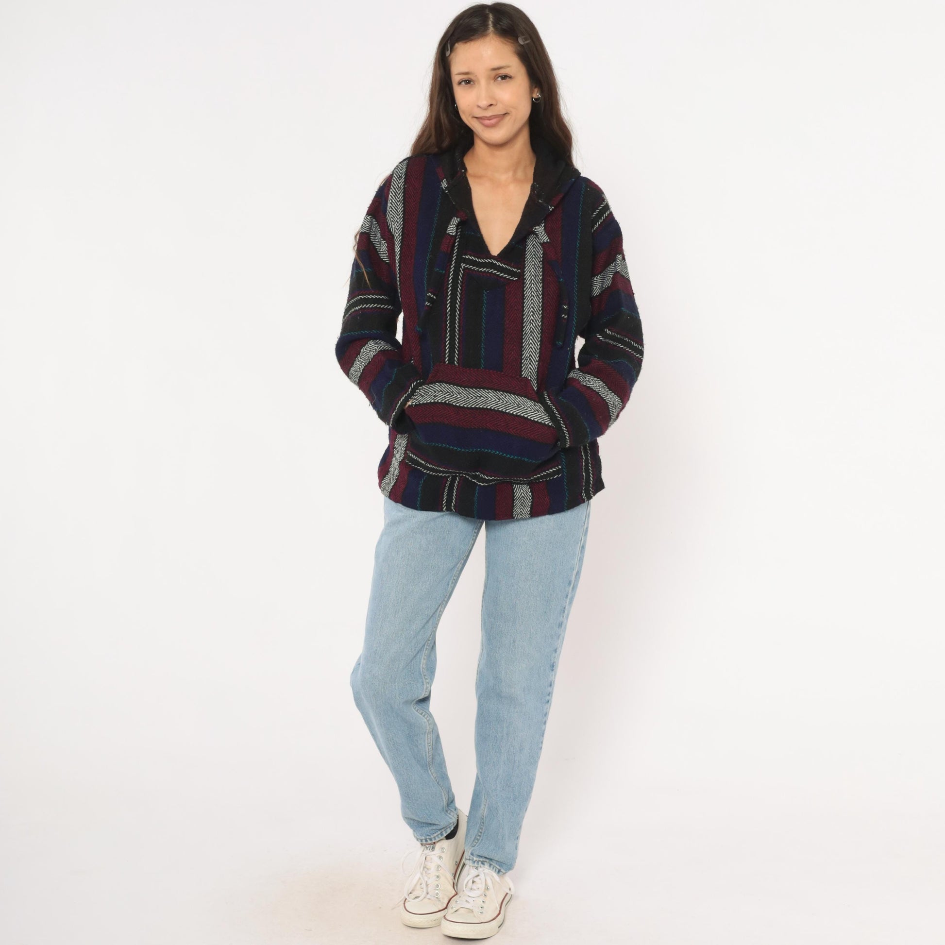 90s Baja Hoodie Striped Navy Burgundy Black Herringbone Weave Small S
