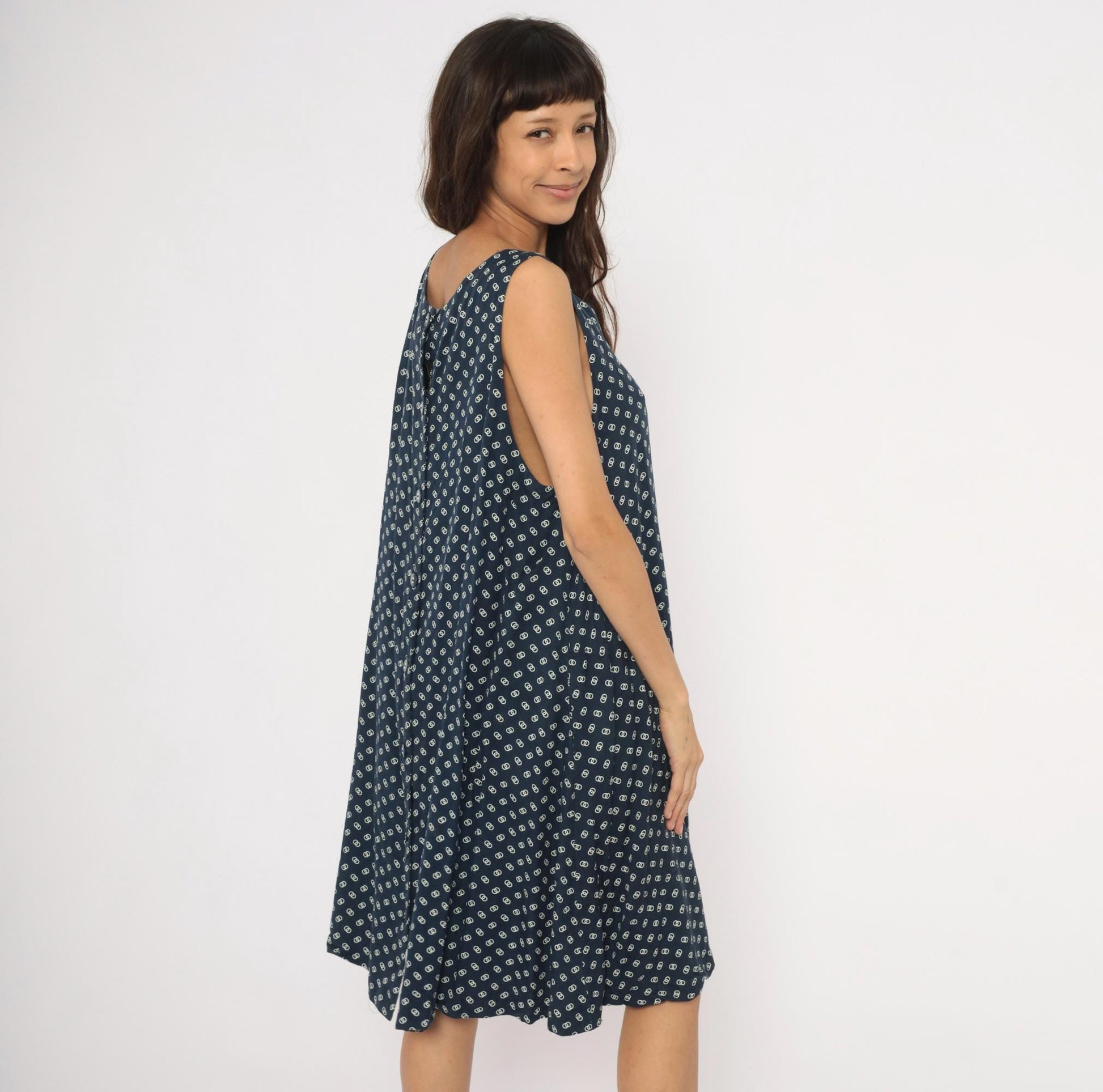 80s Steena Navy Sundress White Geometric Print Cotton Knee-Length Large L