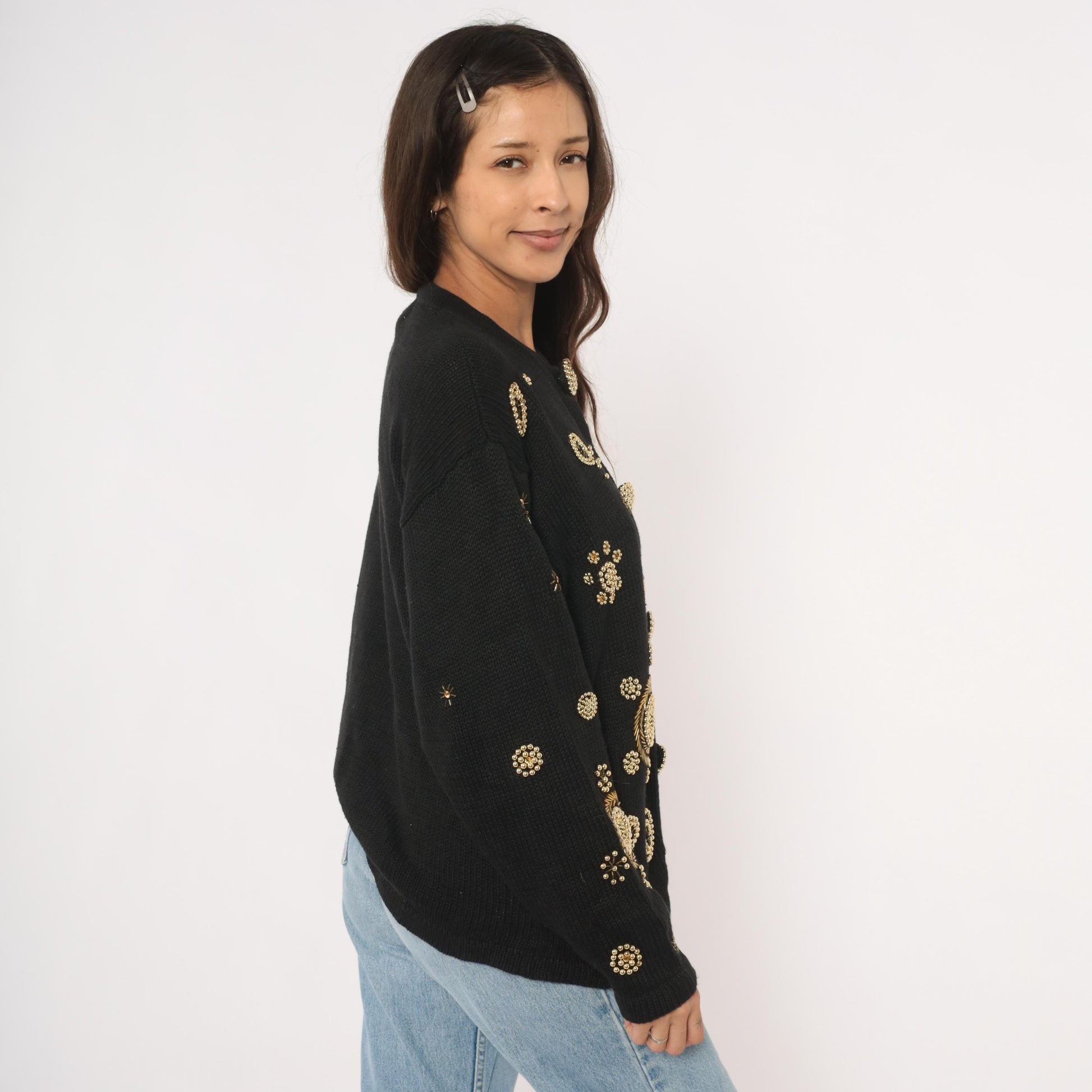 90s Fitting Image Black Cardigan Gold Beaded Medallion Embroidery Extra Large XL