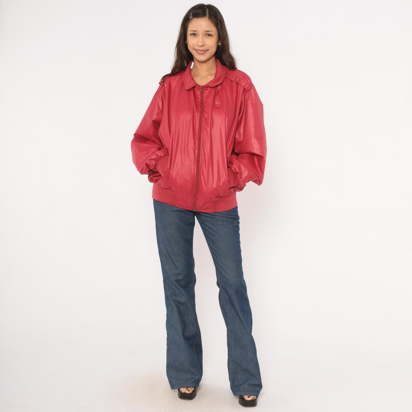 80s Raspberry Bomber Jacket Four Seasons Zip Front Windbreaker Shoulder Tabs Large L