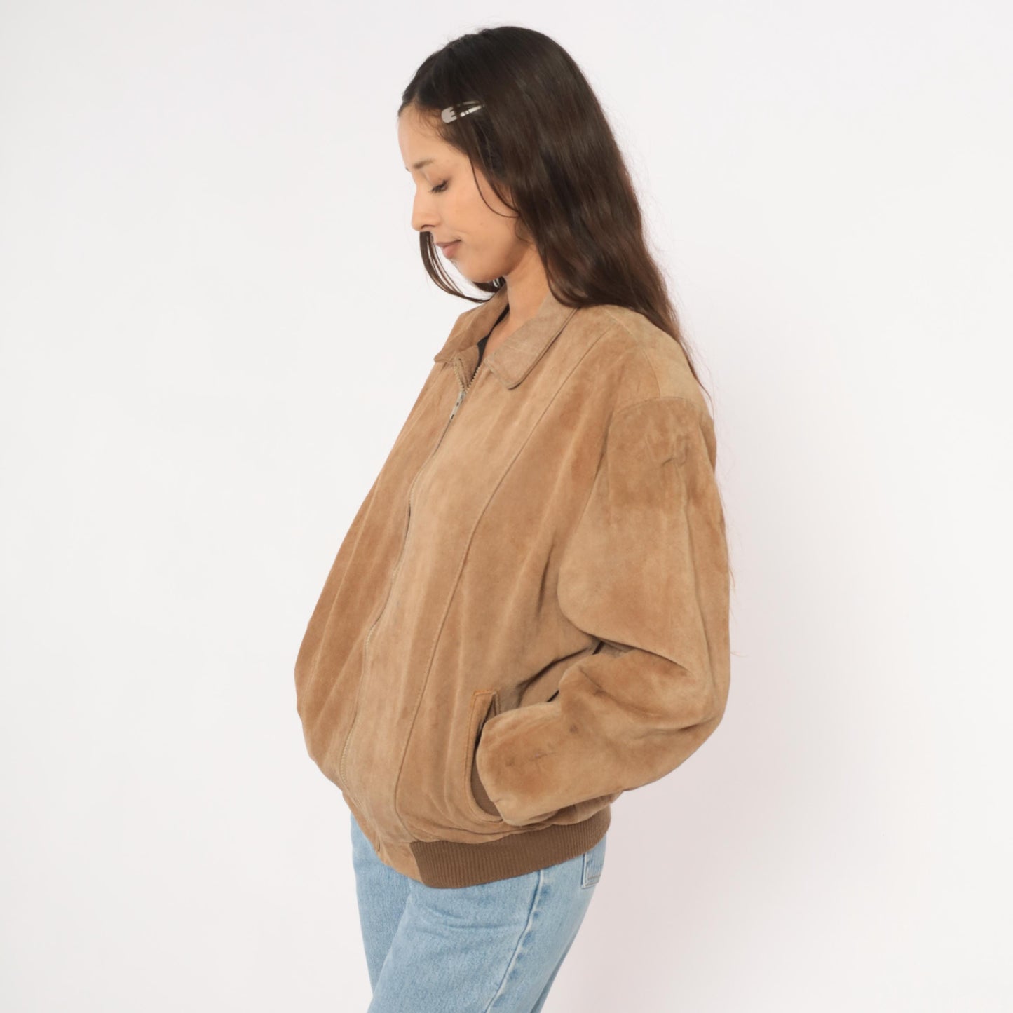 80s Tan Suede Bomber Jacket Zip Front Pointed Collar Ribbed Cuff Medium