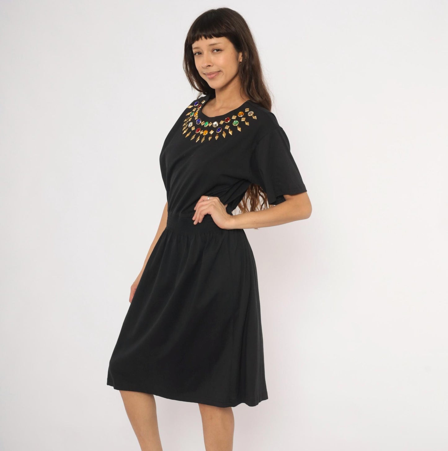 90s Cervelle Black Knee-Length Dress Rhinestone Jeweled Neckline Cotton Large L