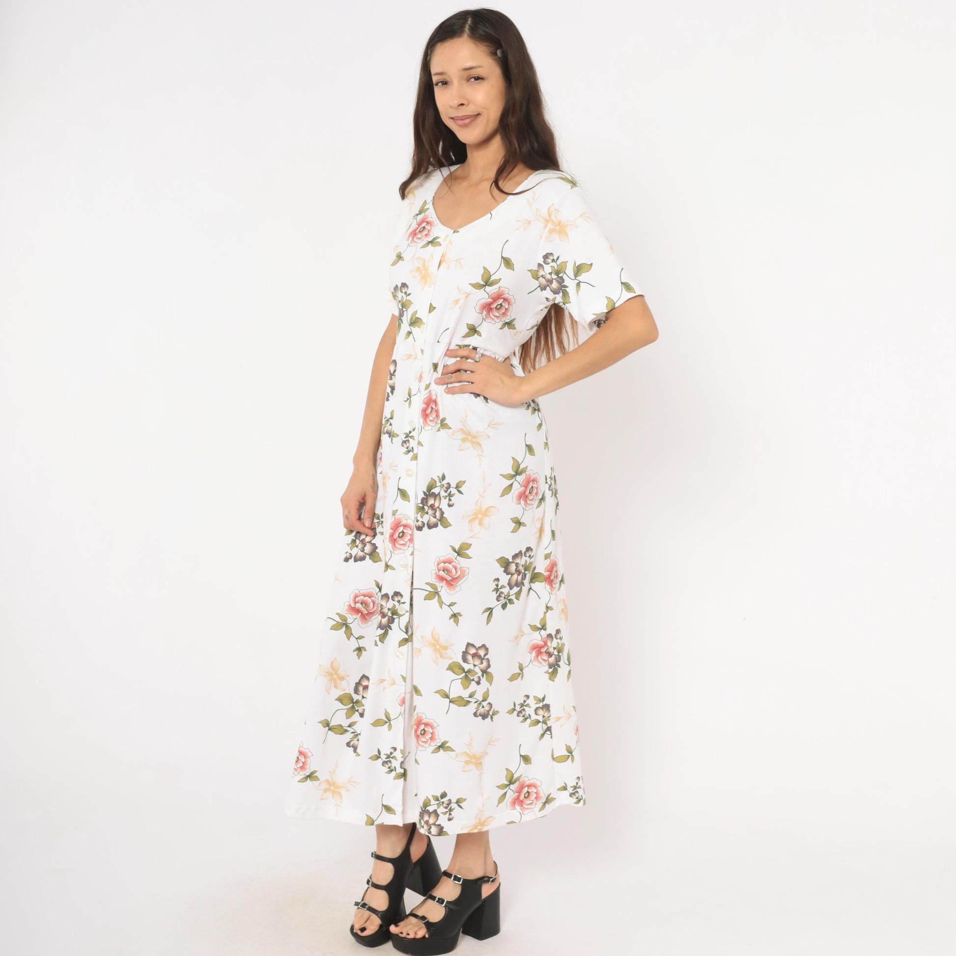90s Bizzit Floral Maxi Dress White Pink Roses Short Sleeve Empire Waist Medium