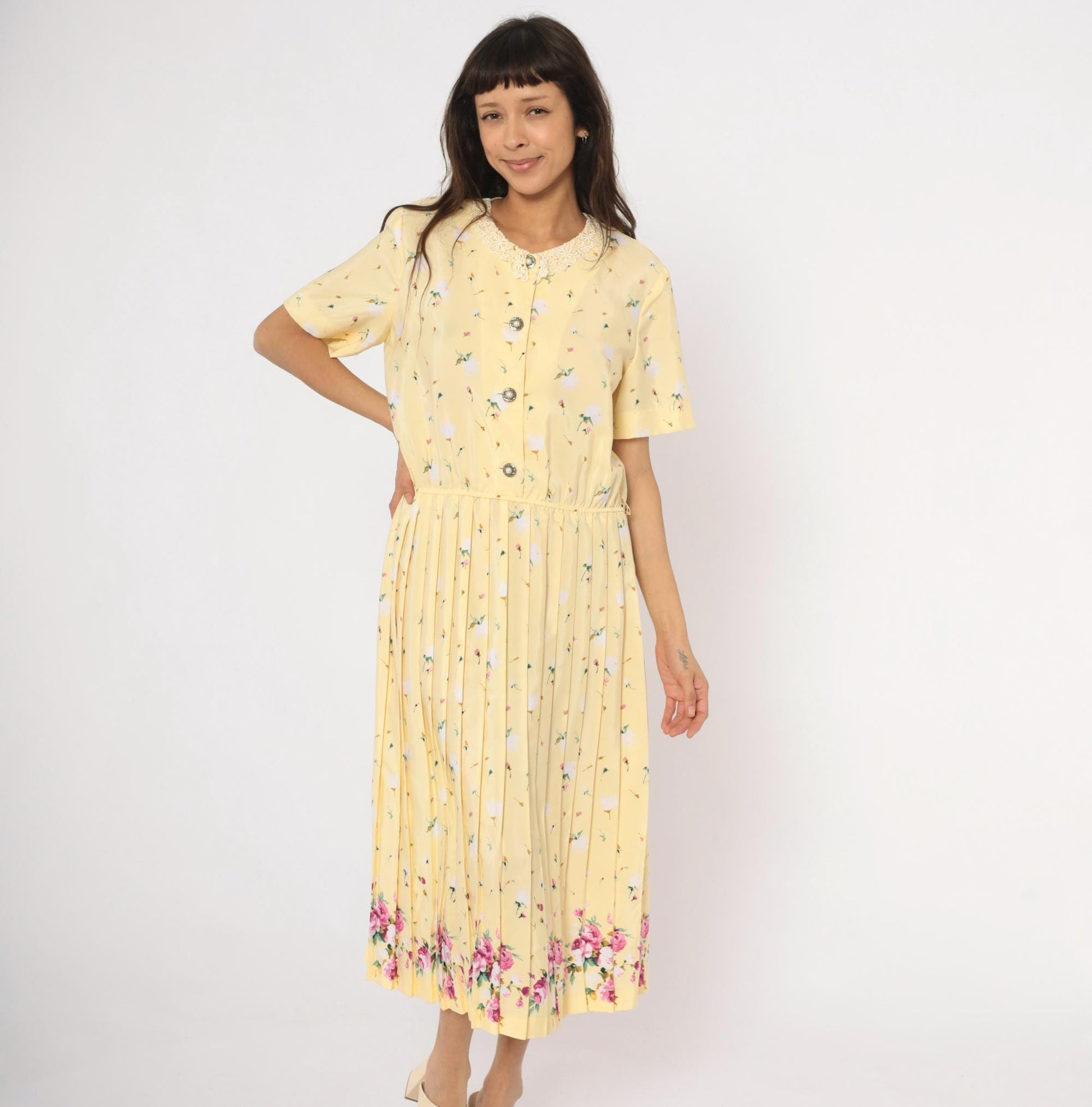 80s Leslie Fay Yellow Floral Midi Dress Lace Collar – Shopexile