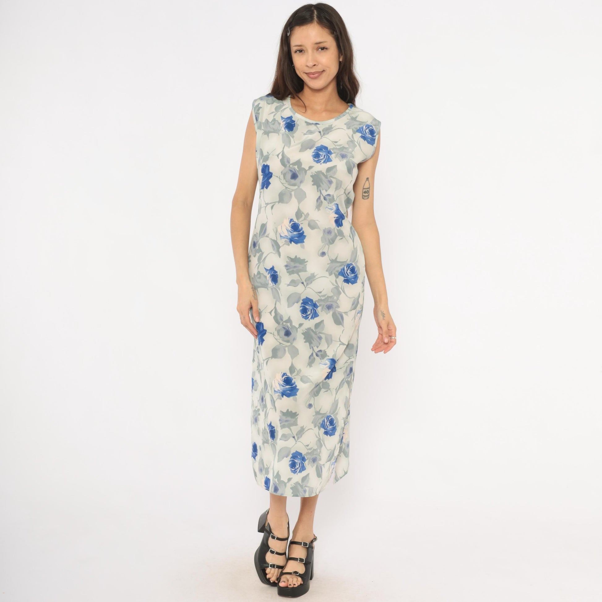 90s Steps Blue Rose Watercolor Midi Dress Ivory Chiffon Cap Sleeve Small S