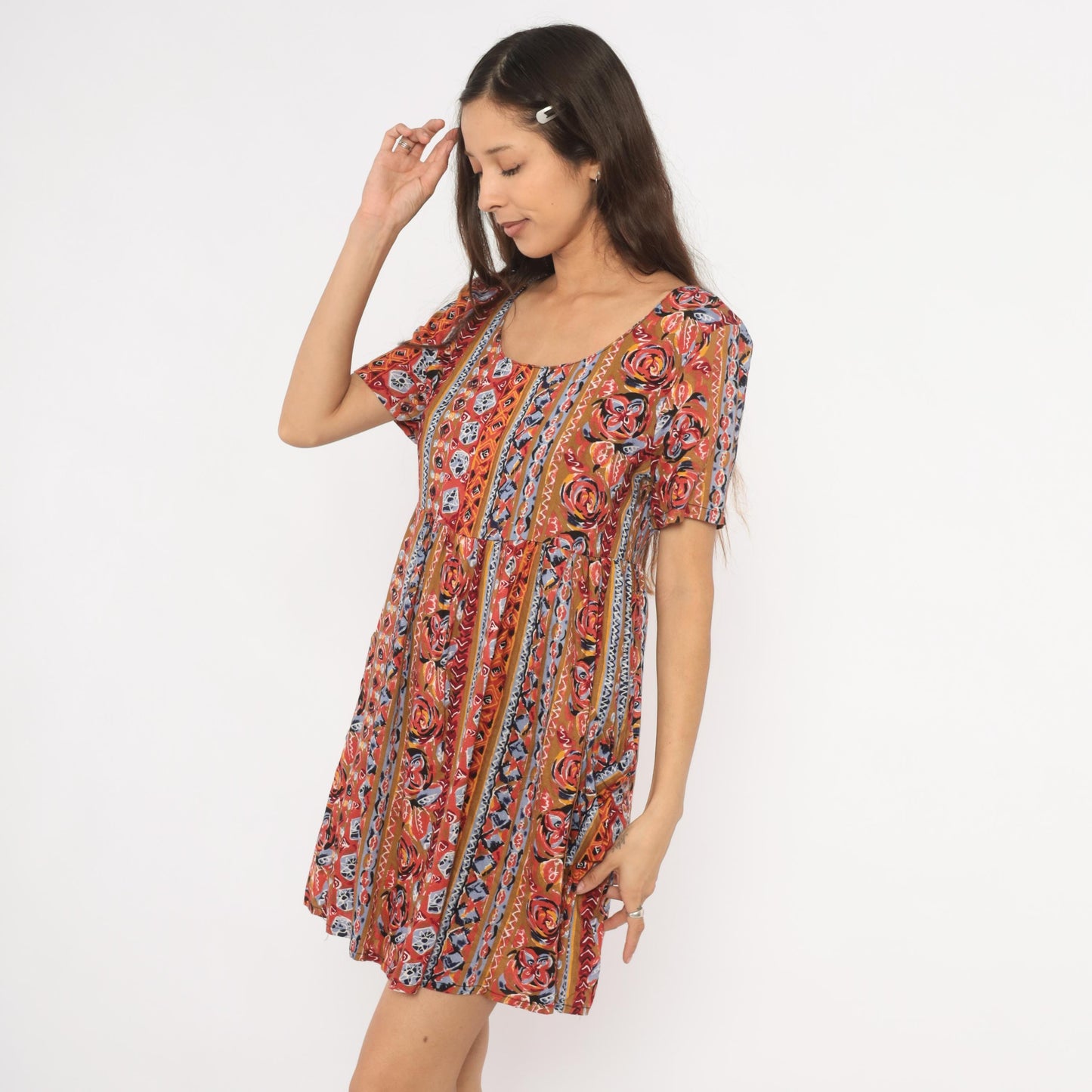 90s Pellini Babydoll Mini Dress Tribal Floral Stripe Rust Blue Small