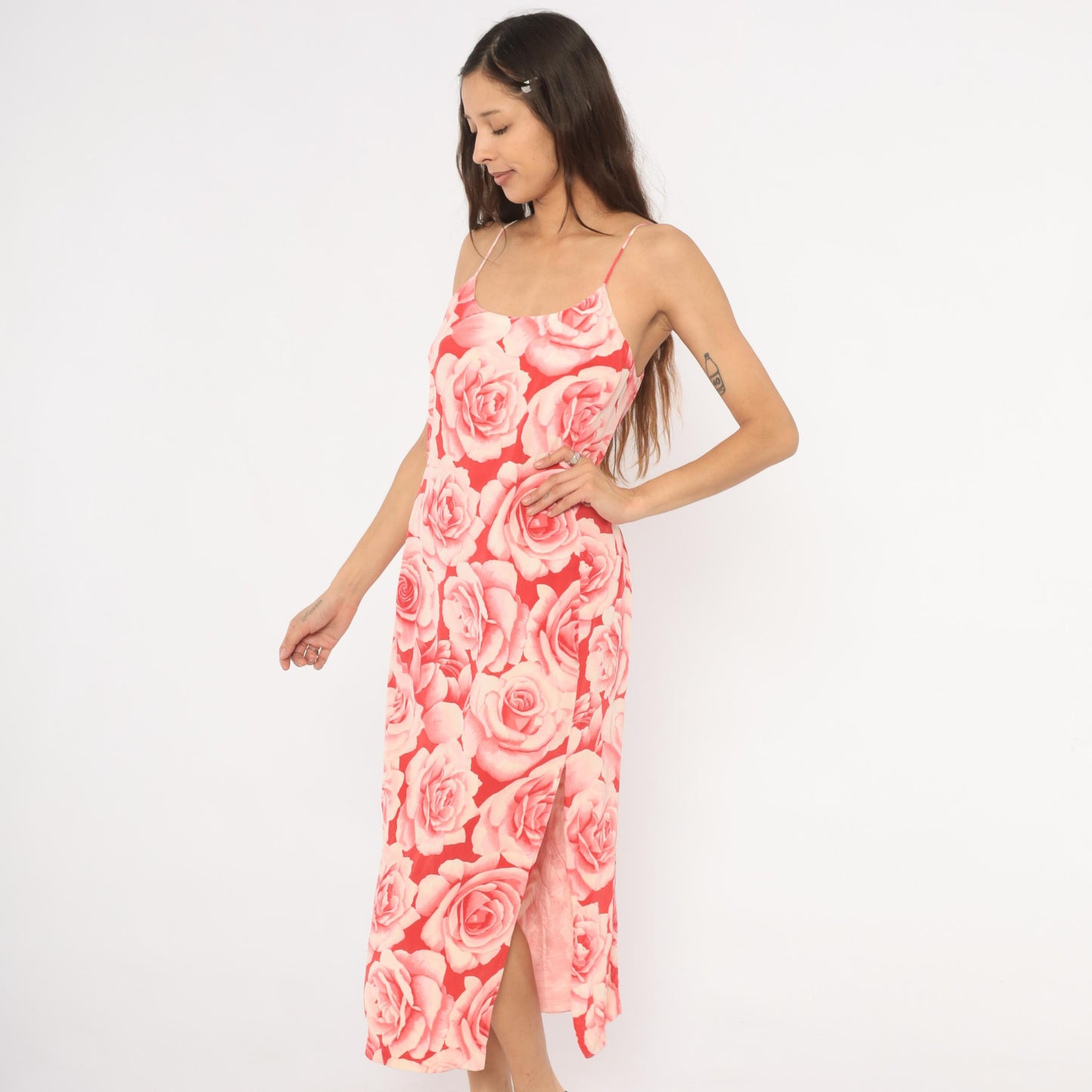 Y2K Neiman Marcus Silk Rose Print Slip Dress Pink Red Midi Slit Small S
