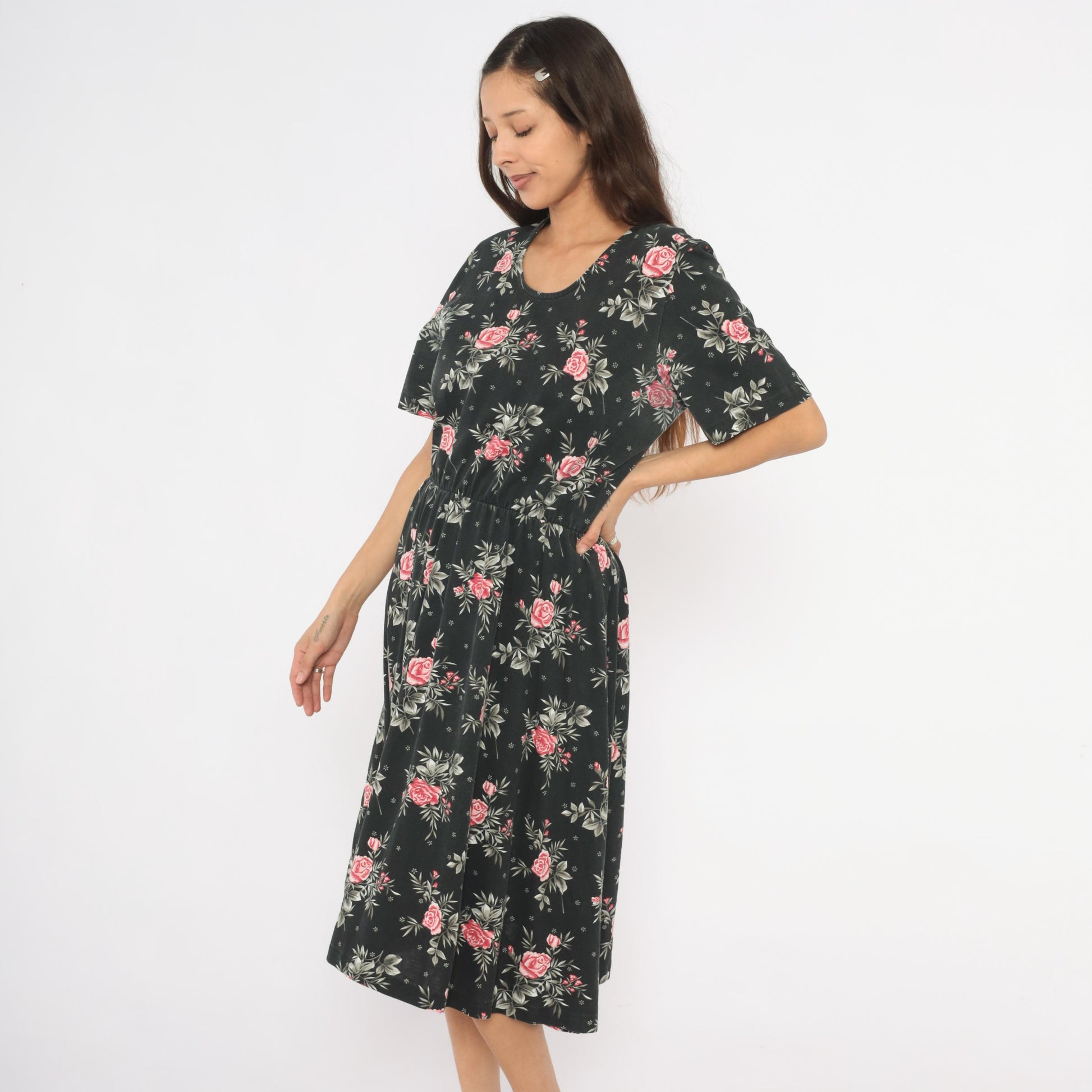 90s Black Midi Dress Pink Rose Floral Print Elastic Waist Cotton Medium M
