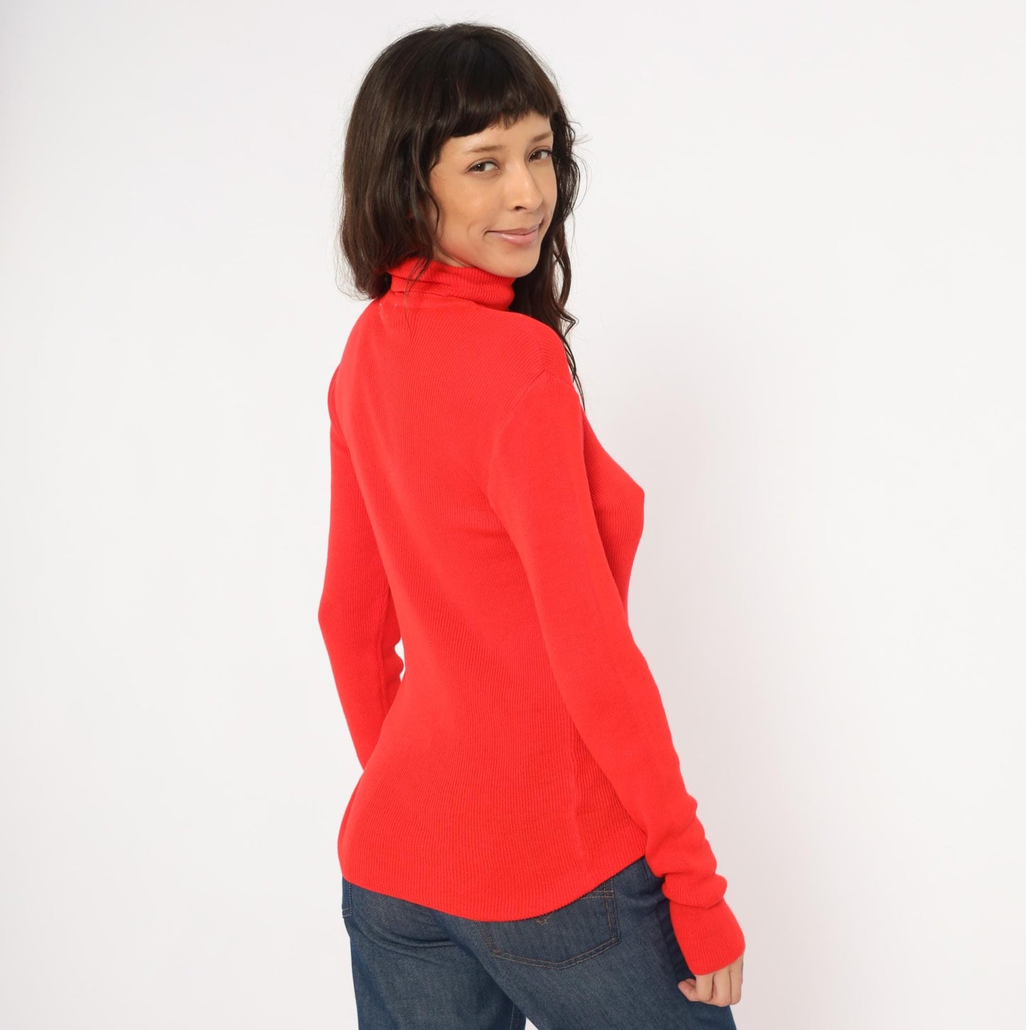 70s Red Turtleneck Sweater Ribbed Knit Pullover Button Cuff Medium Large